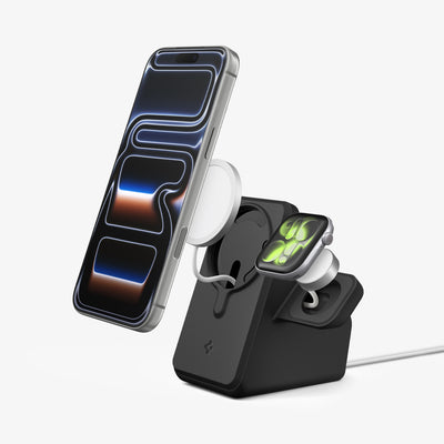 AMP09172 - Magsafe Duo Charger Stand (Mag Fit) in Black showing the phone and watch hovering in front of the MagSafe charger, partially detached from the charging stand.