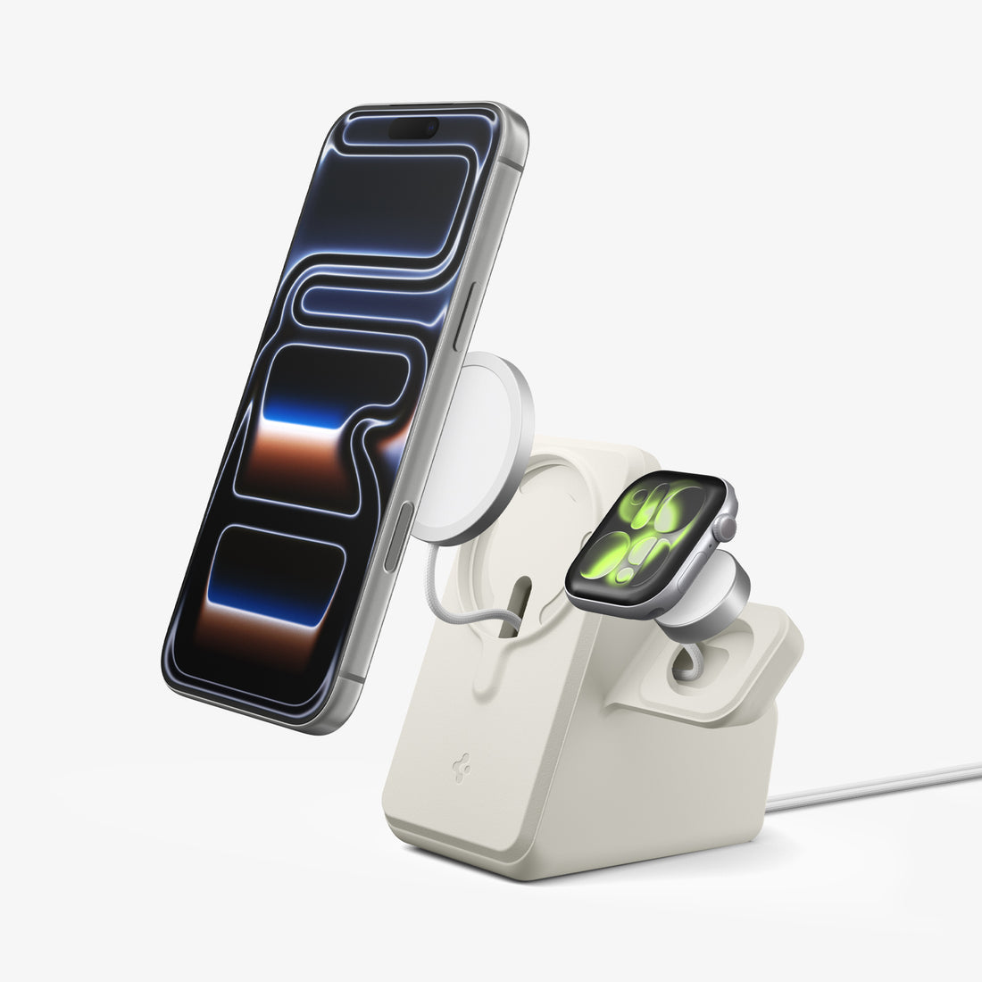 AMP09173 - Magsafe Duo Charger Stand (Mag Fit) in Dune Beige showing the phone and watch hovering in front of the MagSafe charger, partially detached from the charging stand.