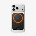 AFA11336 - Spigen Valentinus MagFit Plus Wallet attached to iPhone with orange MagSafe ring