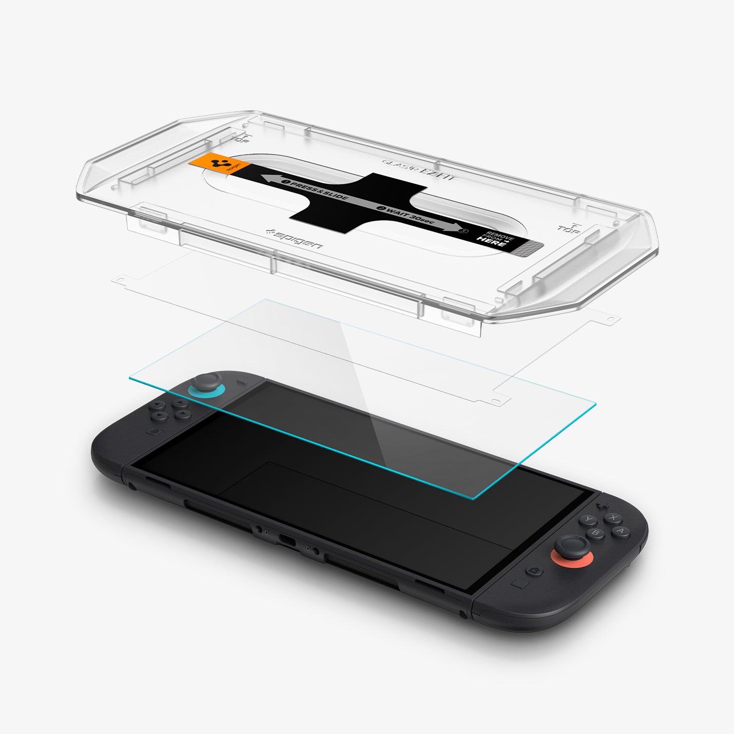 AGL09111 - Nintendo Switch 2 GLAS.tR EZ Fit in Clear showing the installation tray, hovering above the film strip, screen protector and the device