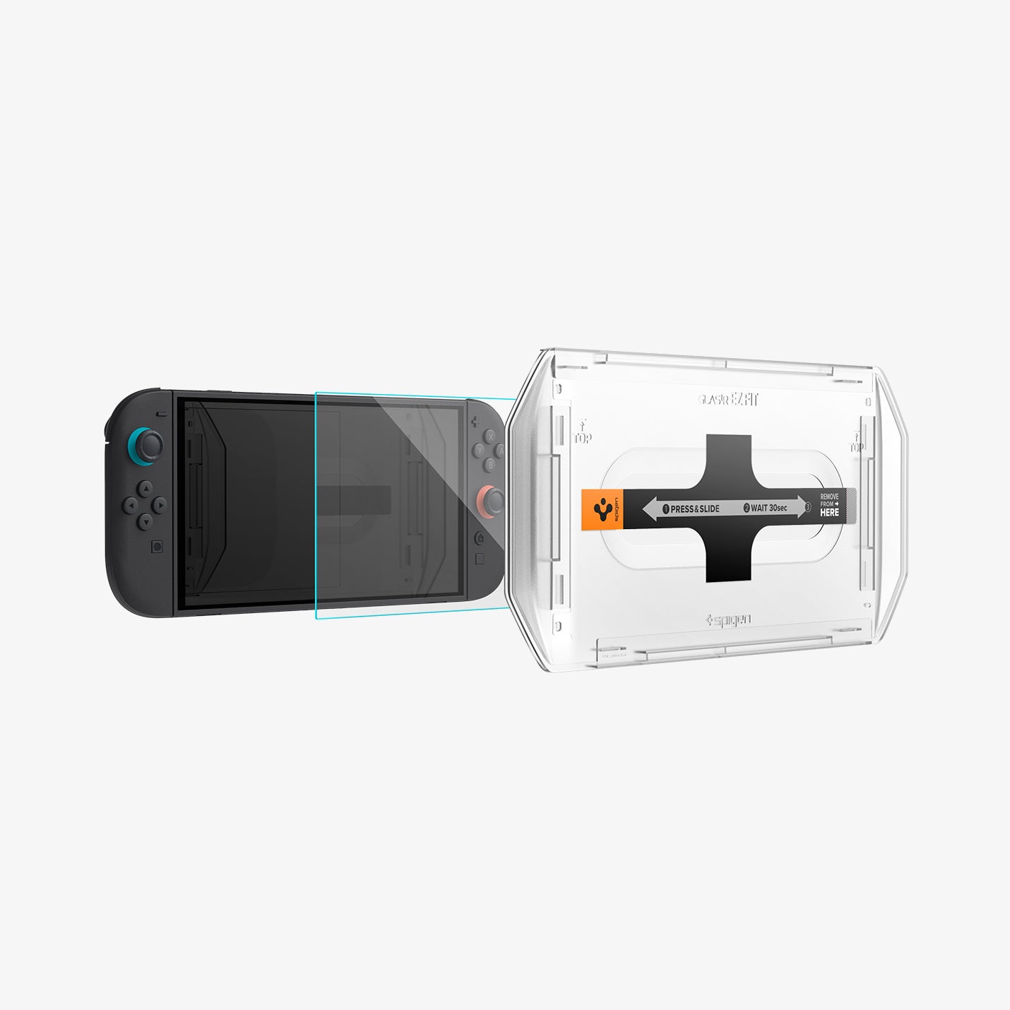 AGL09111 - Nintendo Switch 2 GLAS.tR EZ Fit in Clear showing the front of installation tray hovering in front of the screen protector and the device