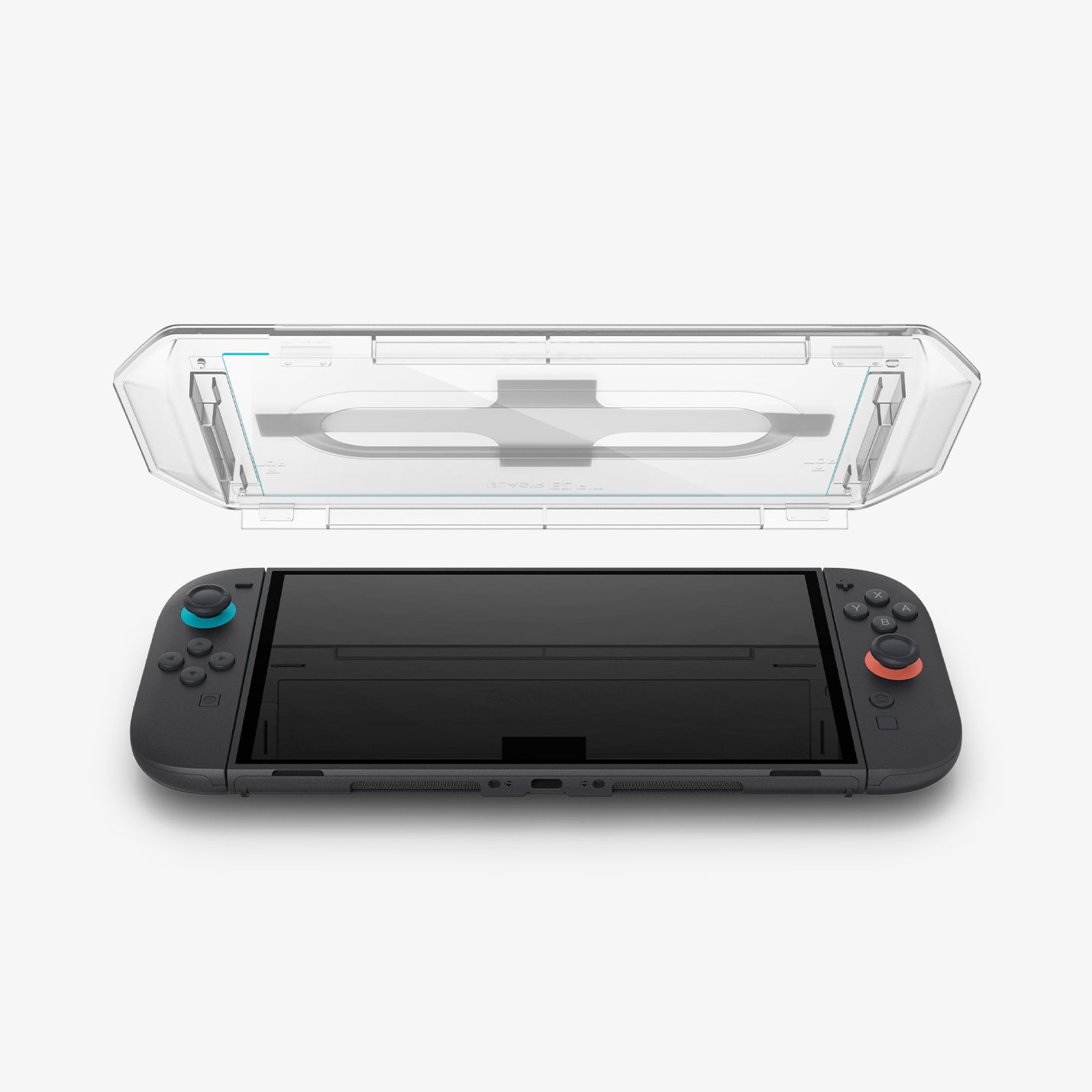 AGL09111 - Nintendo Switch 2 GLAS.tR EZ Fit in Clear showing the inner of the installation tray hovering above the device