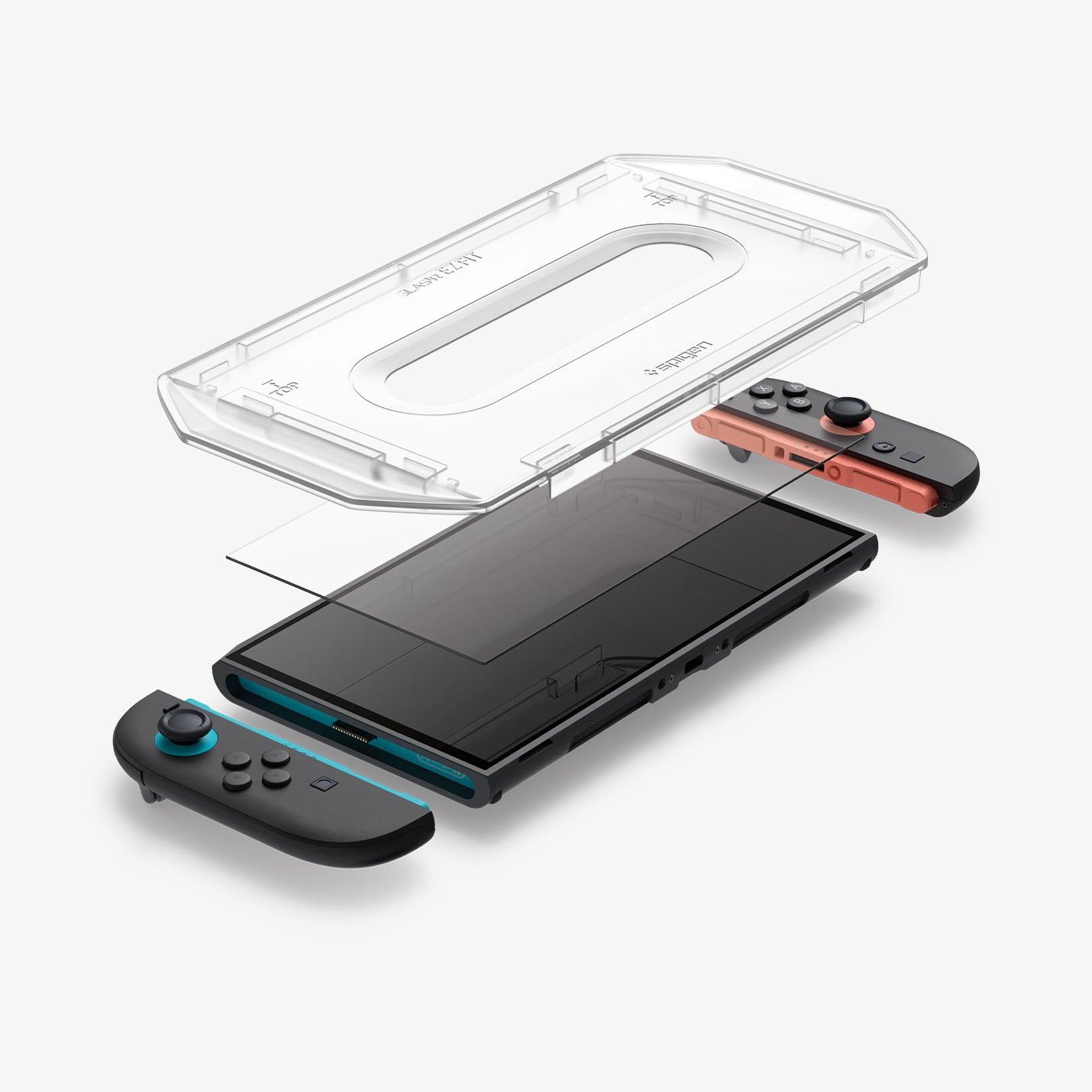 AGL09111 - Nintendo Switch 2 GLAS.tR EZ Fit in Clear showing the installation tray hovering above the screen protector and the device
