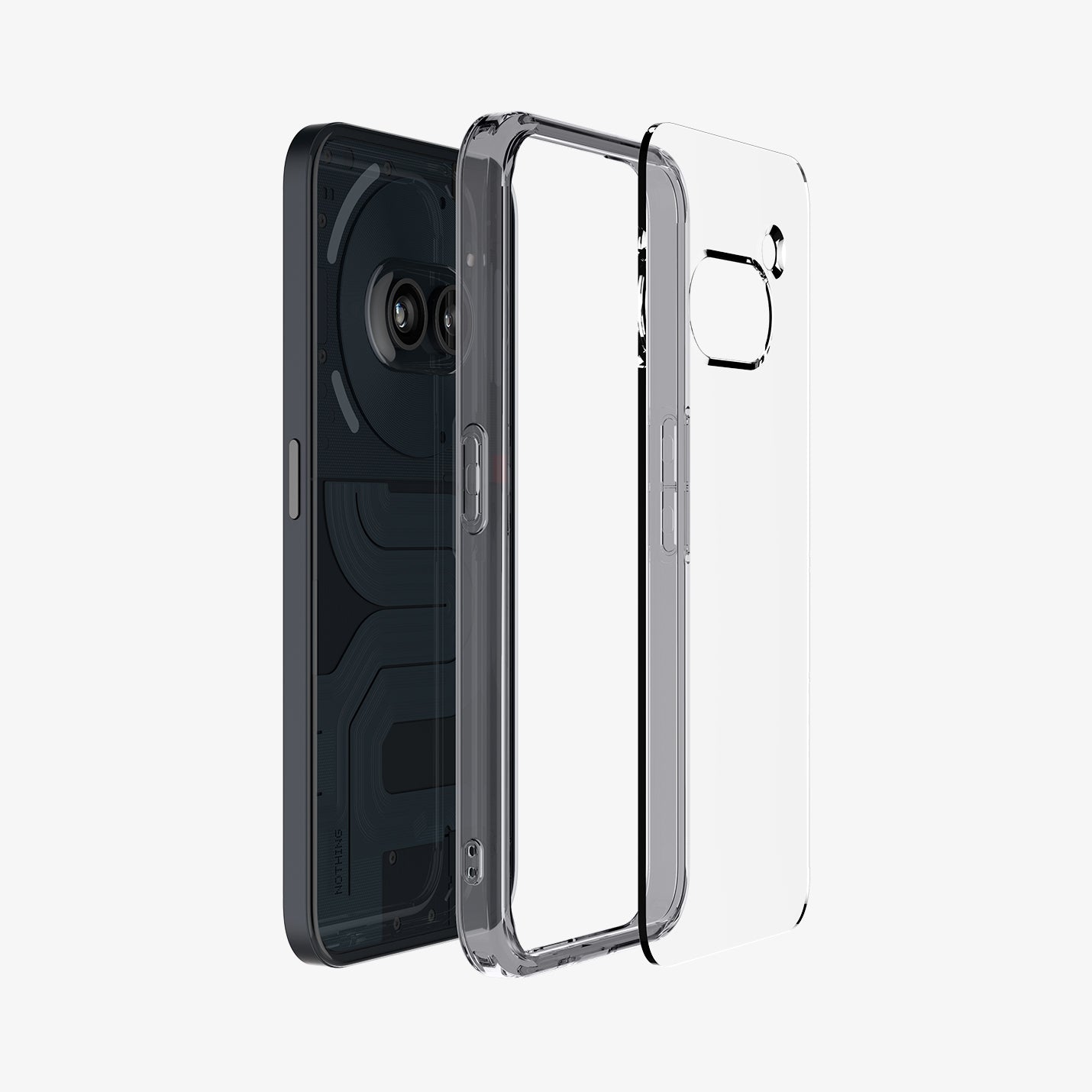ACS07583 - Nothing Phone (2a) Case Ultra Hybrid in Space Crystal showing the back layer of the case detached from the tpu frame and a device aligned with each other