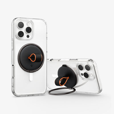 AMP08552 - O-Mag Magnetic Phone Holder (MagFit) OM104 in Black showing the back and partial side of the device with attached o-mag ring in portrait and landscape form ring propped up as kickstand