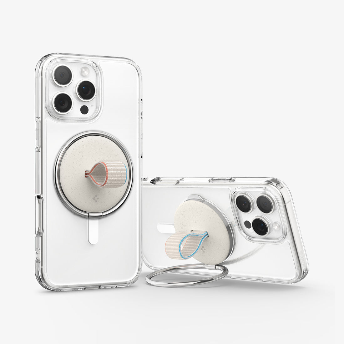 AMP09176 - O-Mag Magnetic Phone Holder (MagFit) OM104 in Dune Beige showing the back and partial side of the device with attached o-mag ring in portrait and landscape form ring propped up as kickstand