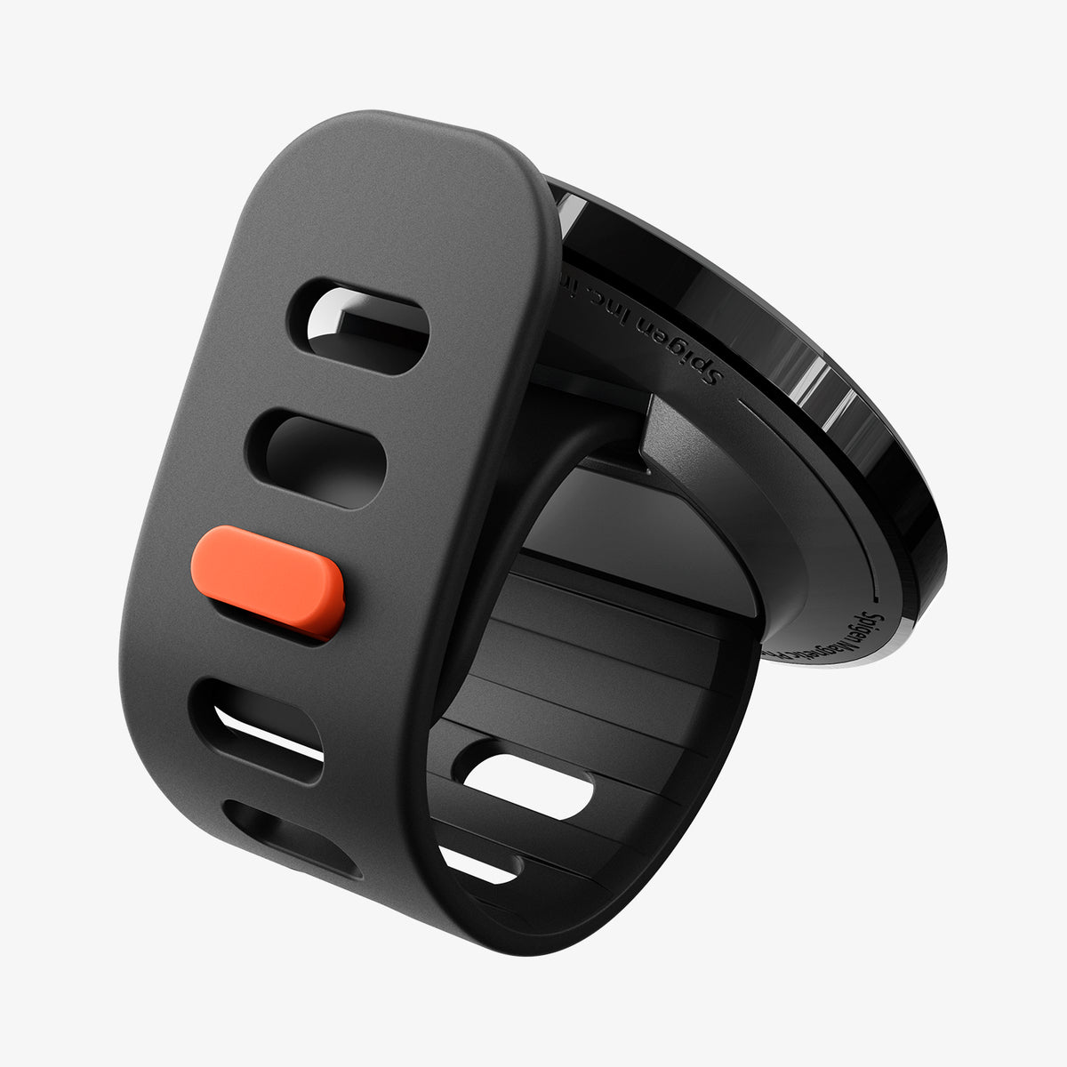 AMP11740 - Stroller Mount | OM200 (Mag Fit) showing the adjustable strap wrapped around the magnetic phone mount with the locking tab secured