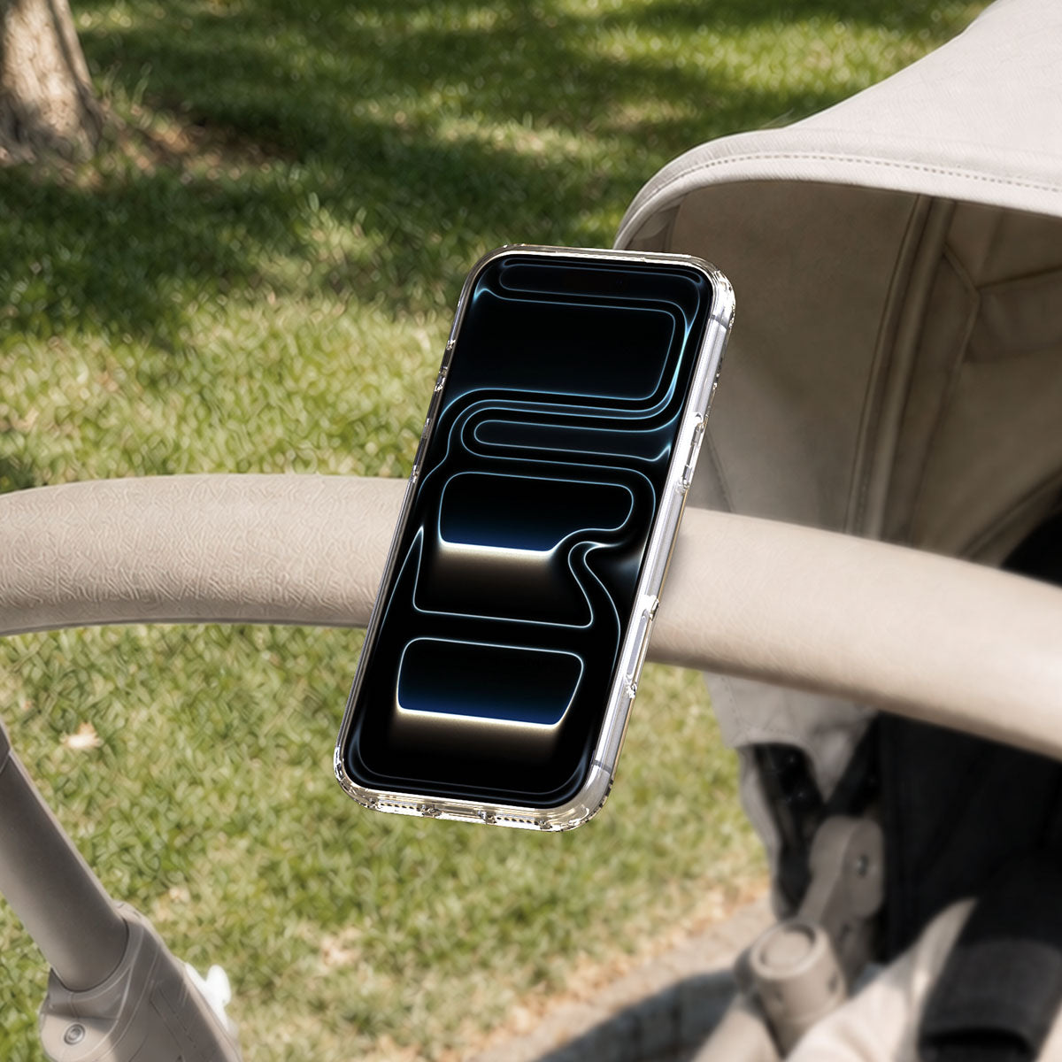 AMP11740 - Stroller Mount | OM200 (Mag Fit) showing a phone magnetically attached to a stroller handle using the adjustable strap mount