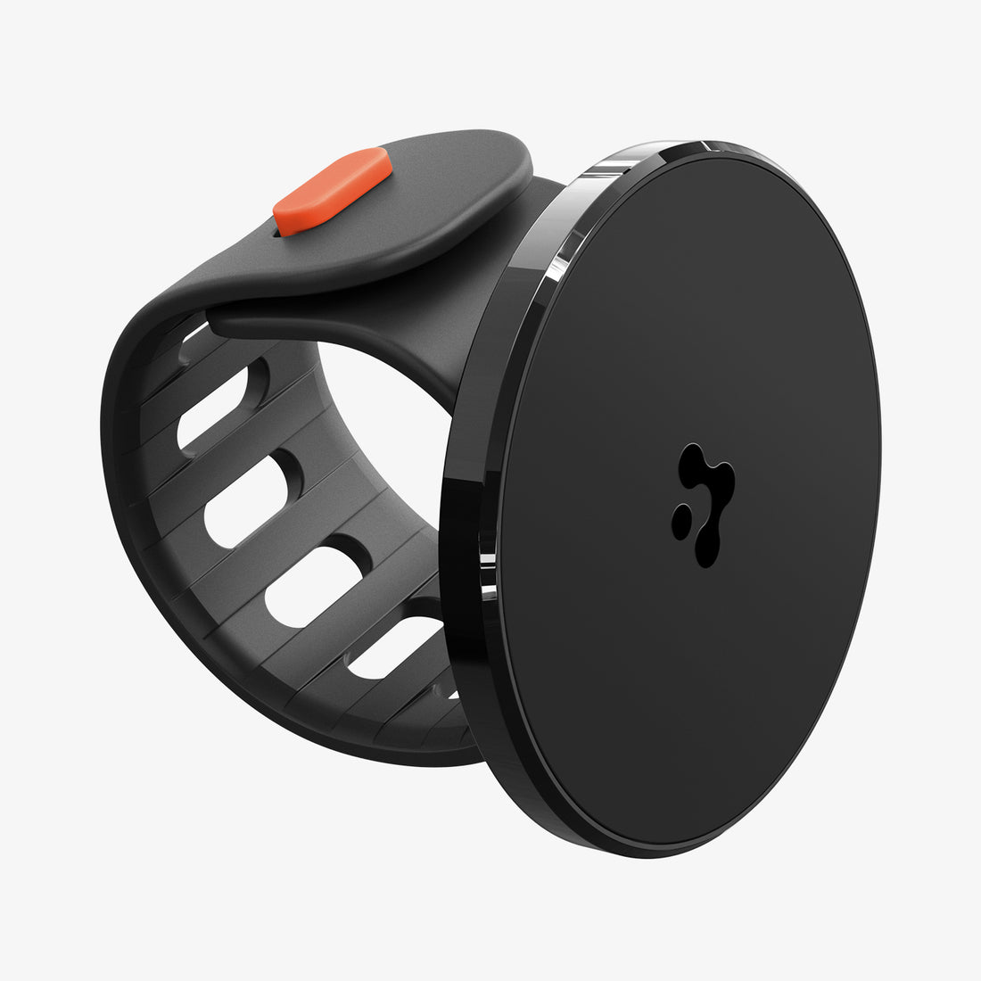 AMP11740 - Stroller Mount | OM200 (Mag Fit) showing a close-up side view of the magnetic phone mount with its adjustable strap and locking tab