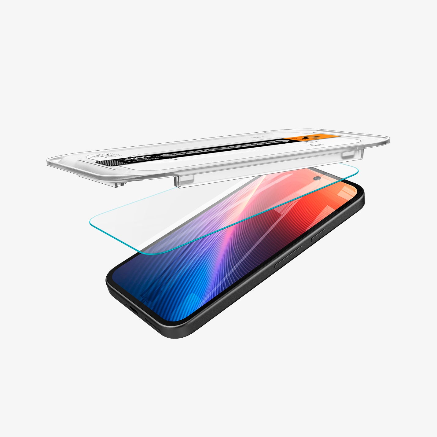 AGL08938 - Pixel 9a GLAS.tR EZ Fit in Clear showing partial front of the tray hovering above the screen protector and the device