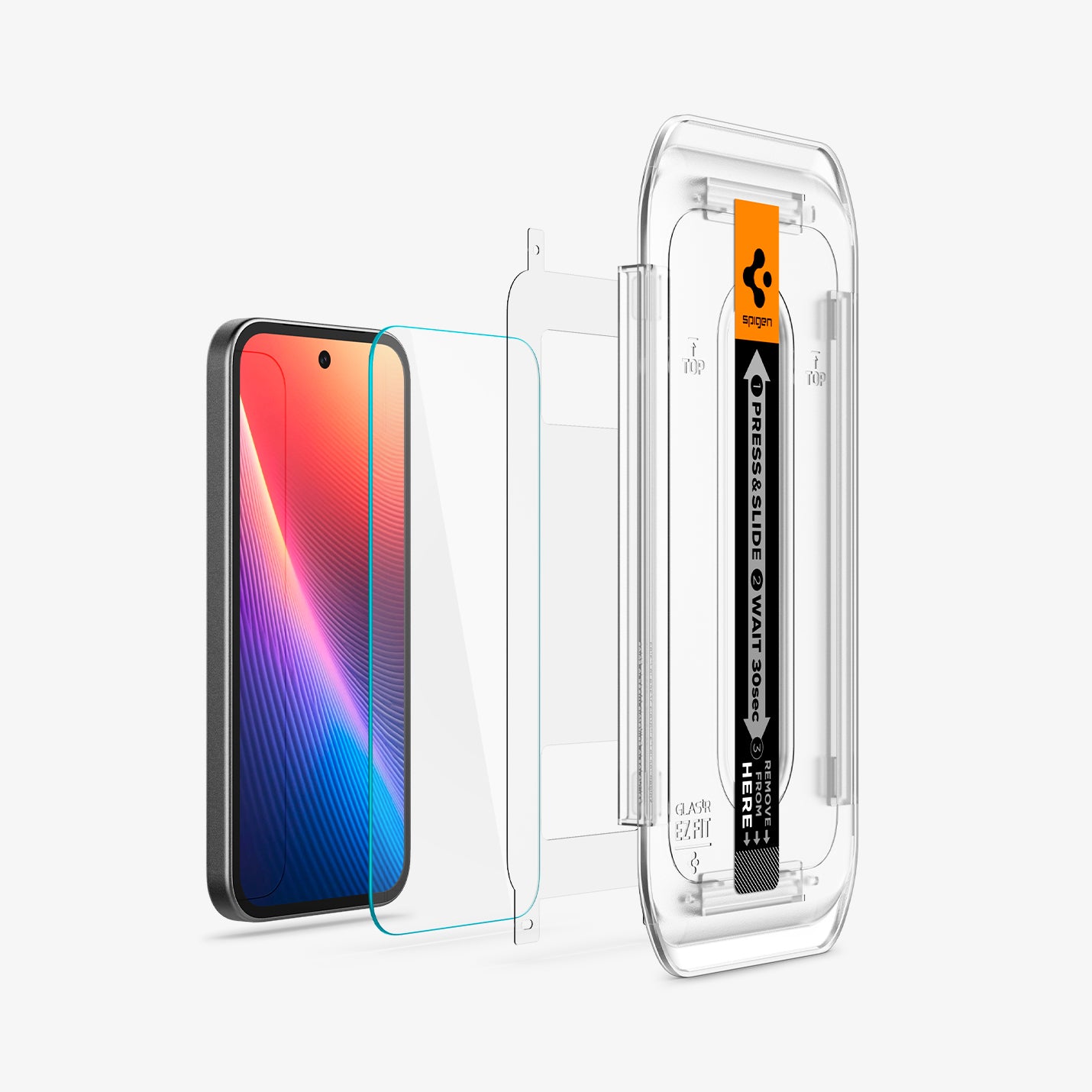 AGL08938 - Pixel 9a GLAS.tR EZ Fit in Clear showing the front of the tray, protective layer, screen protector and the device