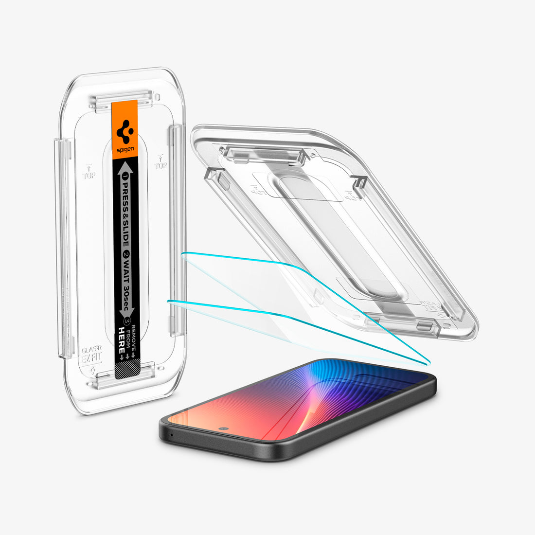 AGL08938 - Pixel 9a GLAS.tR EZ Fit in Clear showing the inner of installation tray, hovering above 2 screen protector and the device with another tray beside