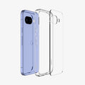 ACS09042 - Pixel 9a Case Ultra Hybrid in Crystal Clear showing the back layer, detached from the tpu frame hovering in front of the device