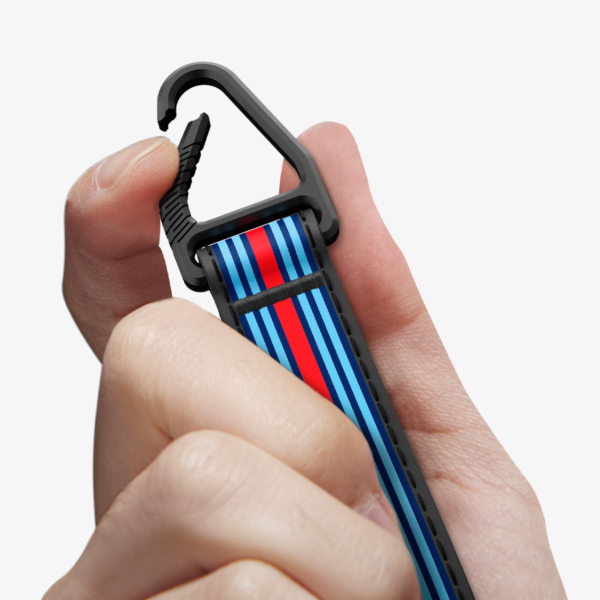 ACS10800 - Porsche Key Fob Cover | PK100 in Matte Black showing the carabiner open with hand