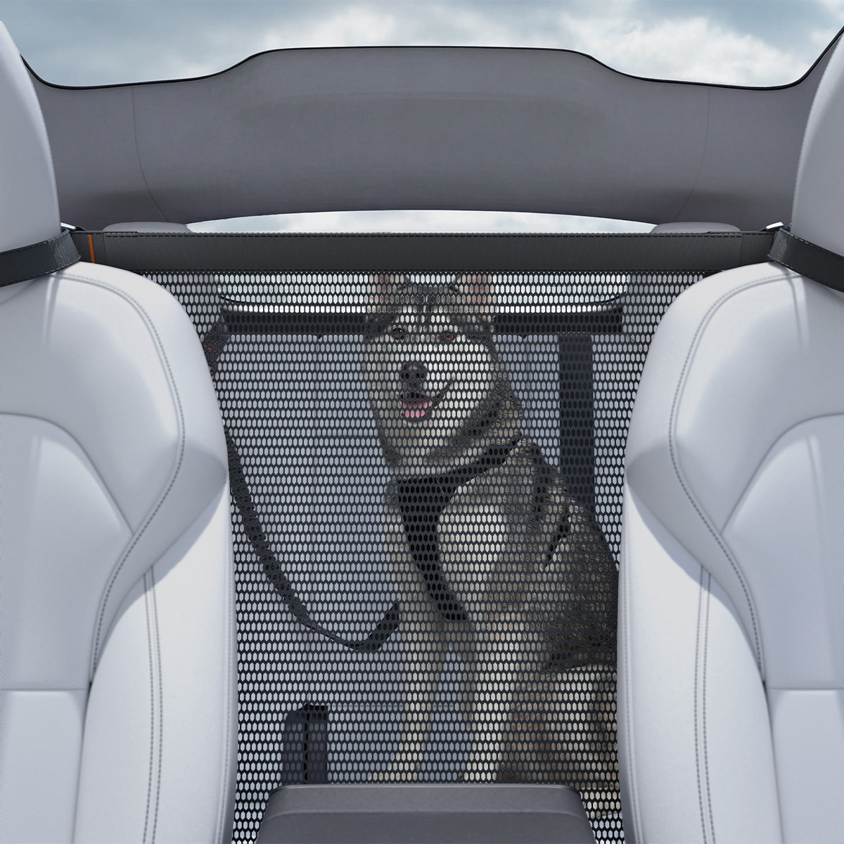 ACP11156 - Spigen Car Seat Pet Barrier installed between front seats showing mesh barrier keeping dog safely in back seat