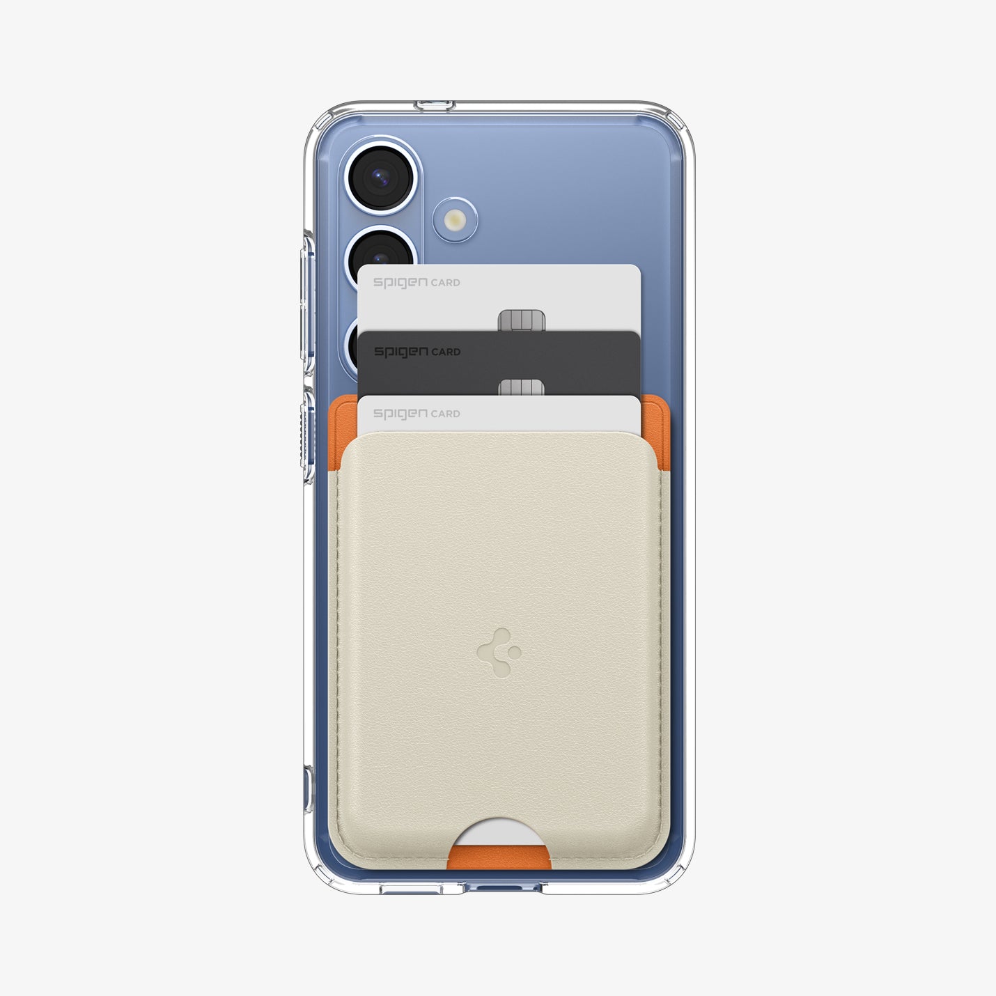 AFA09233 - Galaxy S25 Case MagSafe Card Holder Nano Pop (MagFit) in Orange Beige showing the front with 3 cards inserted attached to a device