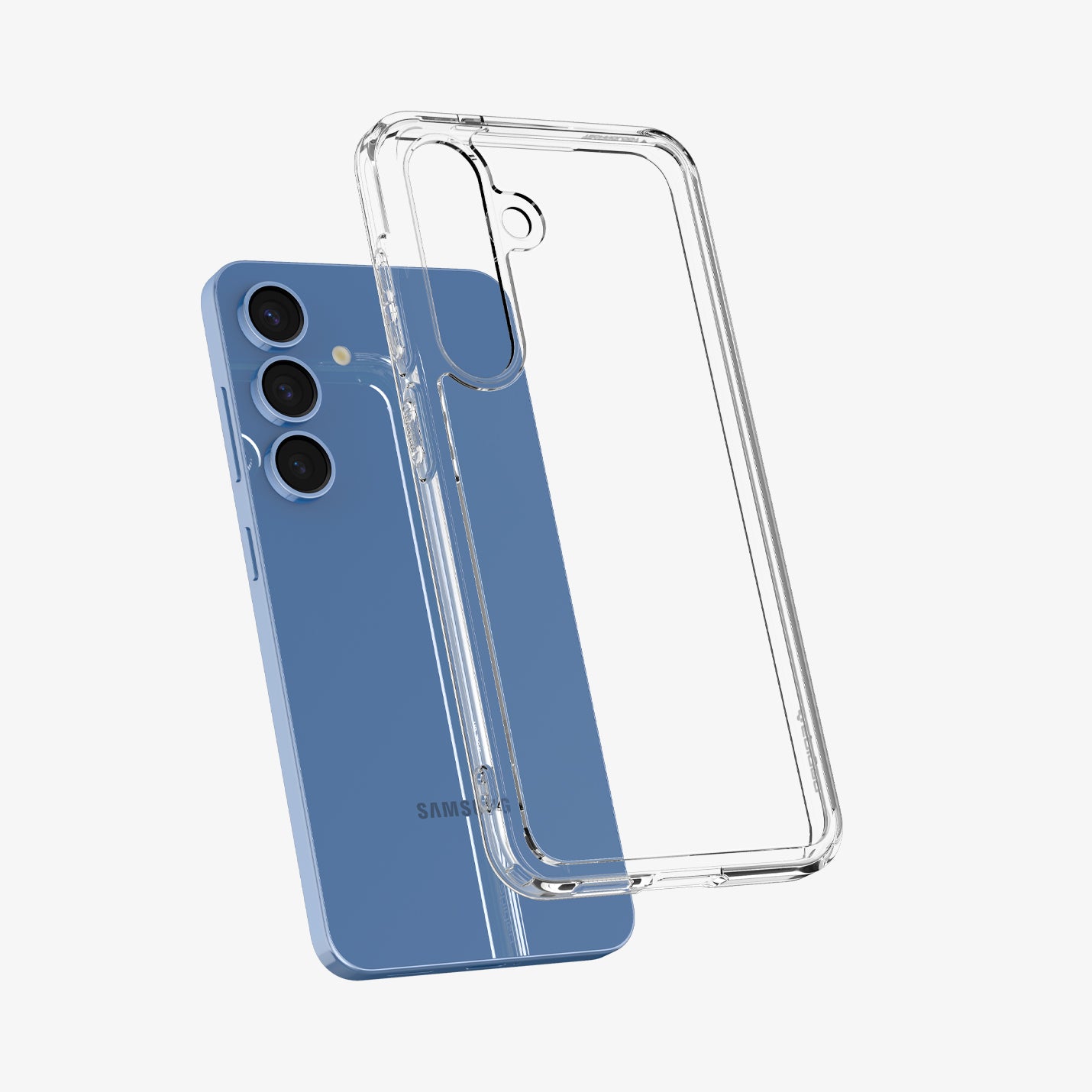 ACS08985 - Galaxy S25 Plus Case Ultra Hybrid in Crystal Clear showing the back, partial side and bottom hovering in front of the device
