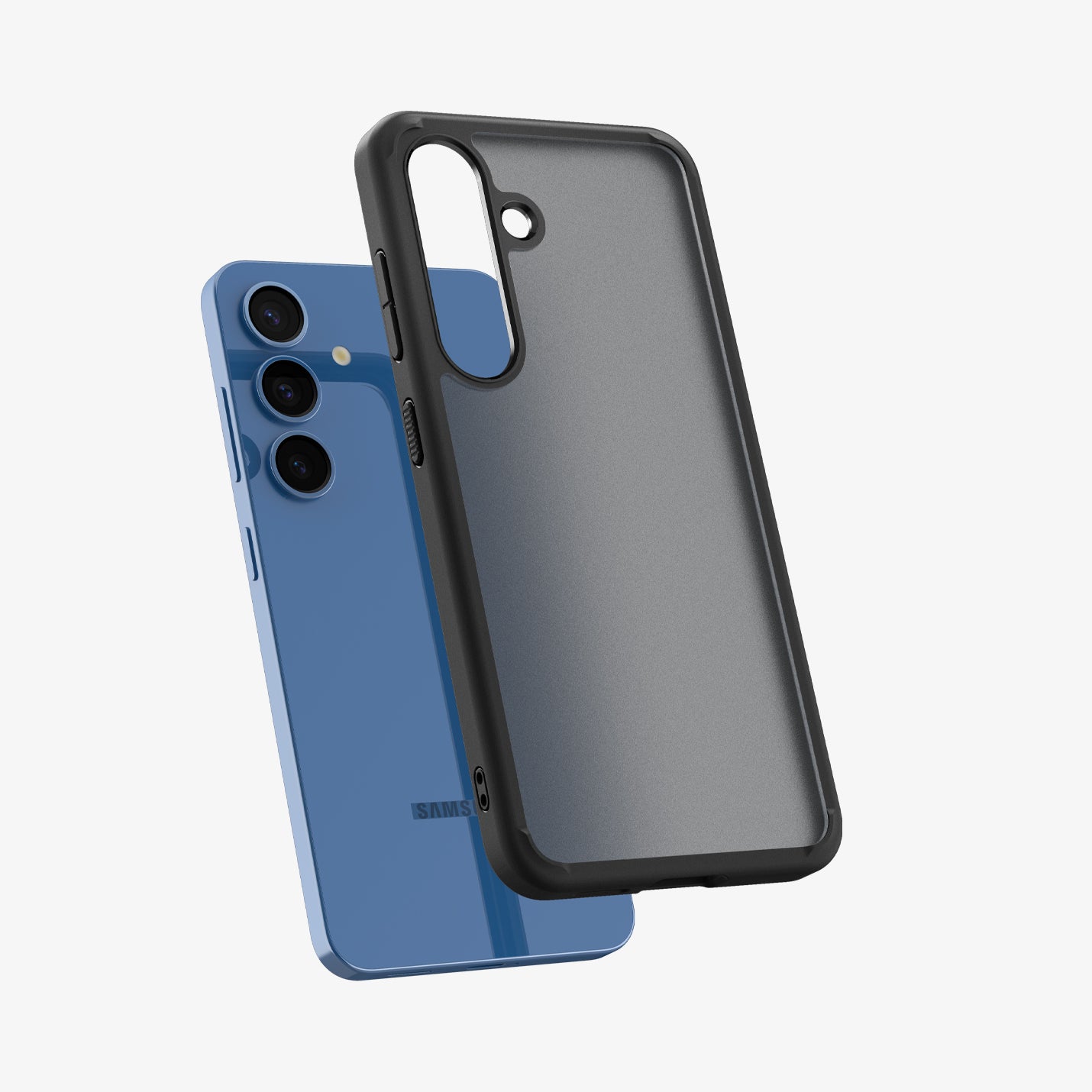 ACS08986 - Galaxy S25 Plus Case Ultra Hybrid in Frost Black showing the back, partial side and bottom hovering in front of the device