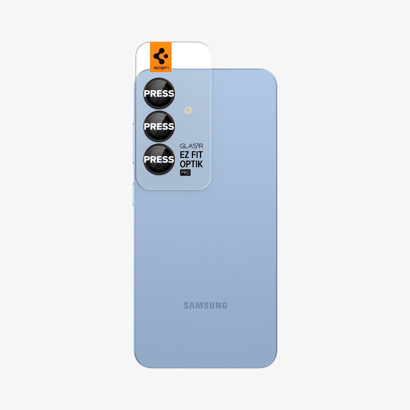 AGL09090 - Galaxy S25 Optik Pro EZ Fit Lens Protector in Black showing the lens tray attached at the back of the device