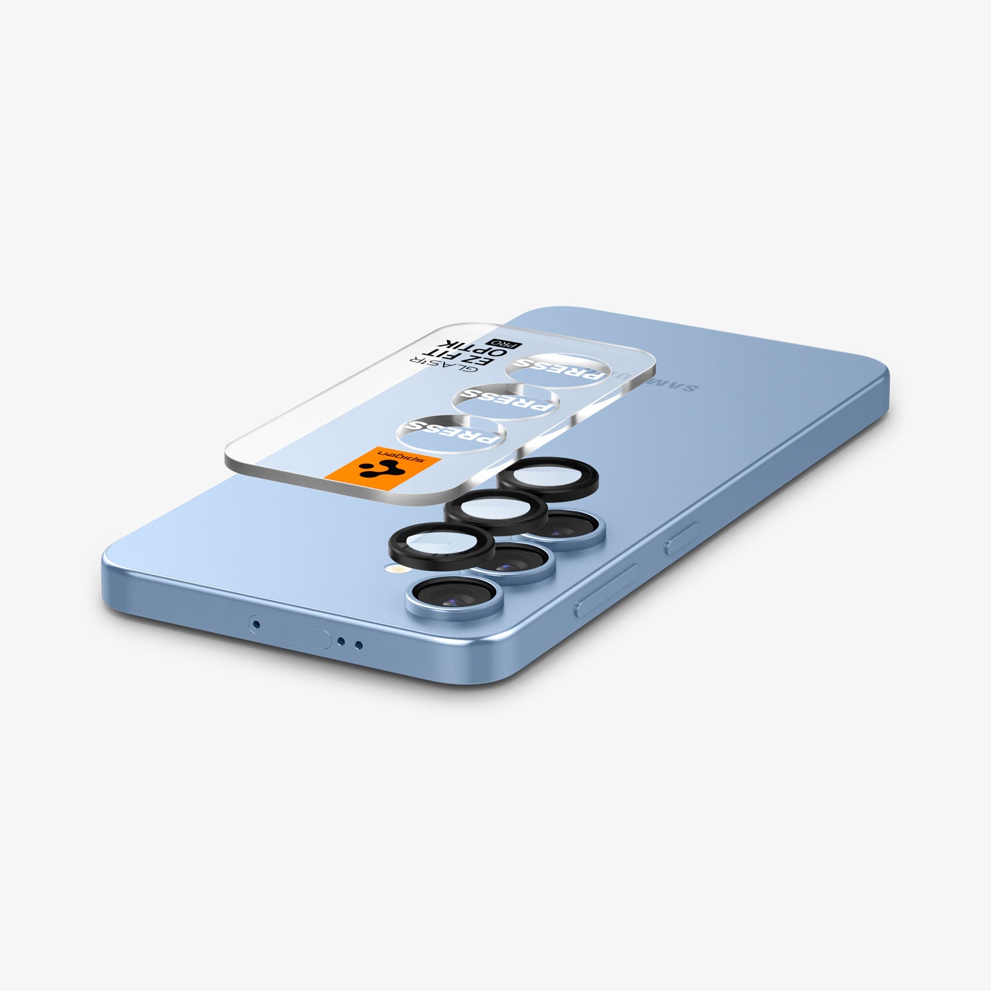 AGL09090 - Galaxy S25 Optik Pro EZ Fit Lens Protector in Black showing the lens protector tray hovering above the lens protector and the device