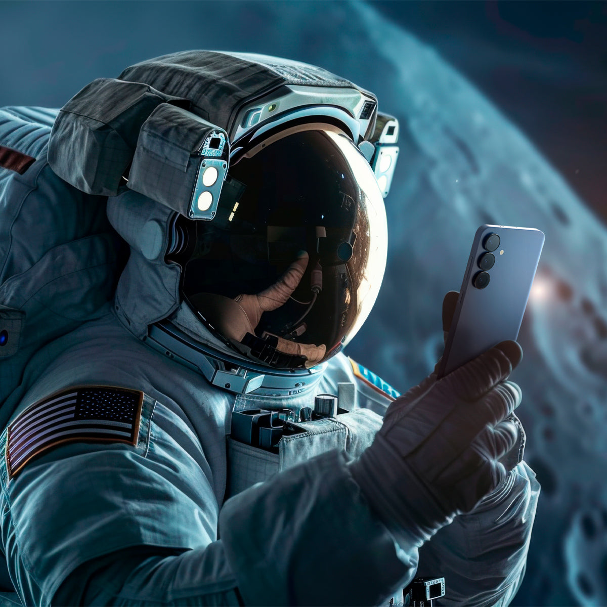 AGL09090 - Galaxy S25 Optik Pro EZ Fit Lens Protector in Black showing an astronaut in outer space holding the device 