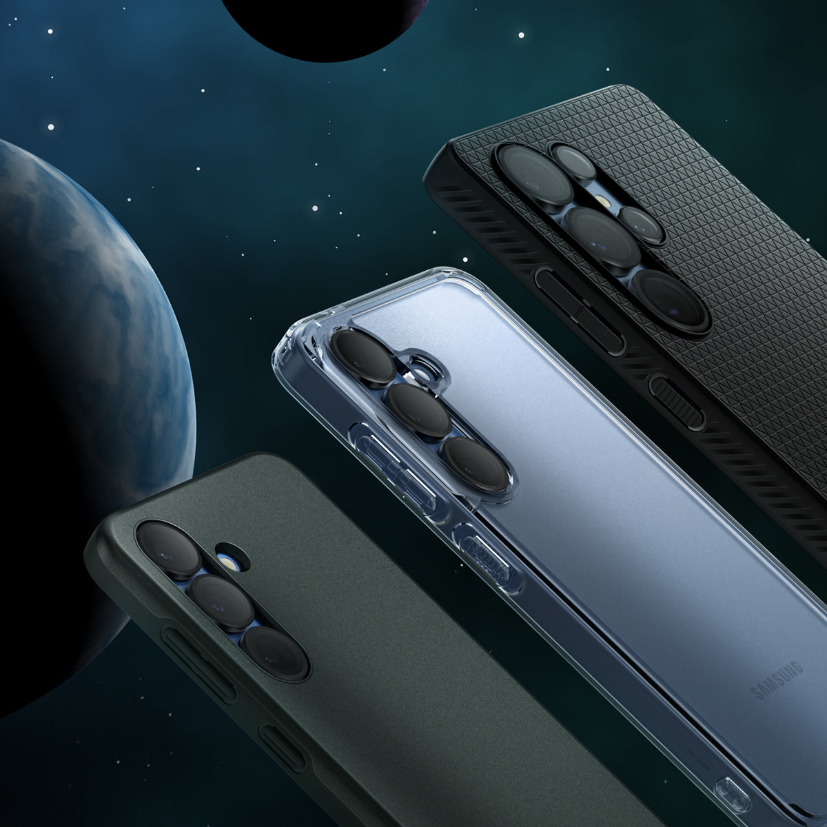 AGL09090 - Galaxy S25 Optik Pro EZ Fit Lens Protector in Black showing the partial back and sides of the 3 different devices and models
