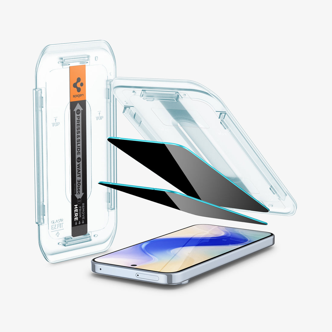 AGL09312 - Pixel 10 / Pixel 10 Pro GLAS.tR EZ Fit Privacy Screen Protector showing the device, screen protectors, ez fit tray