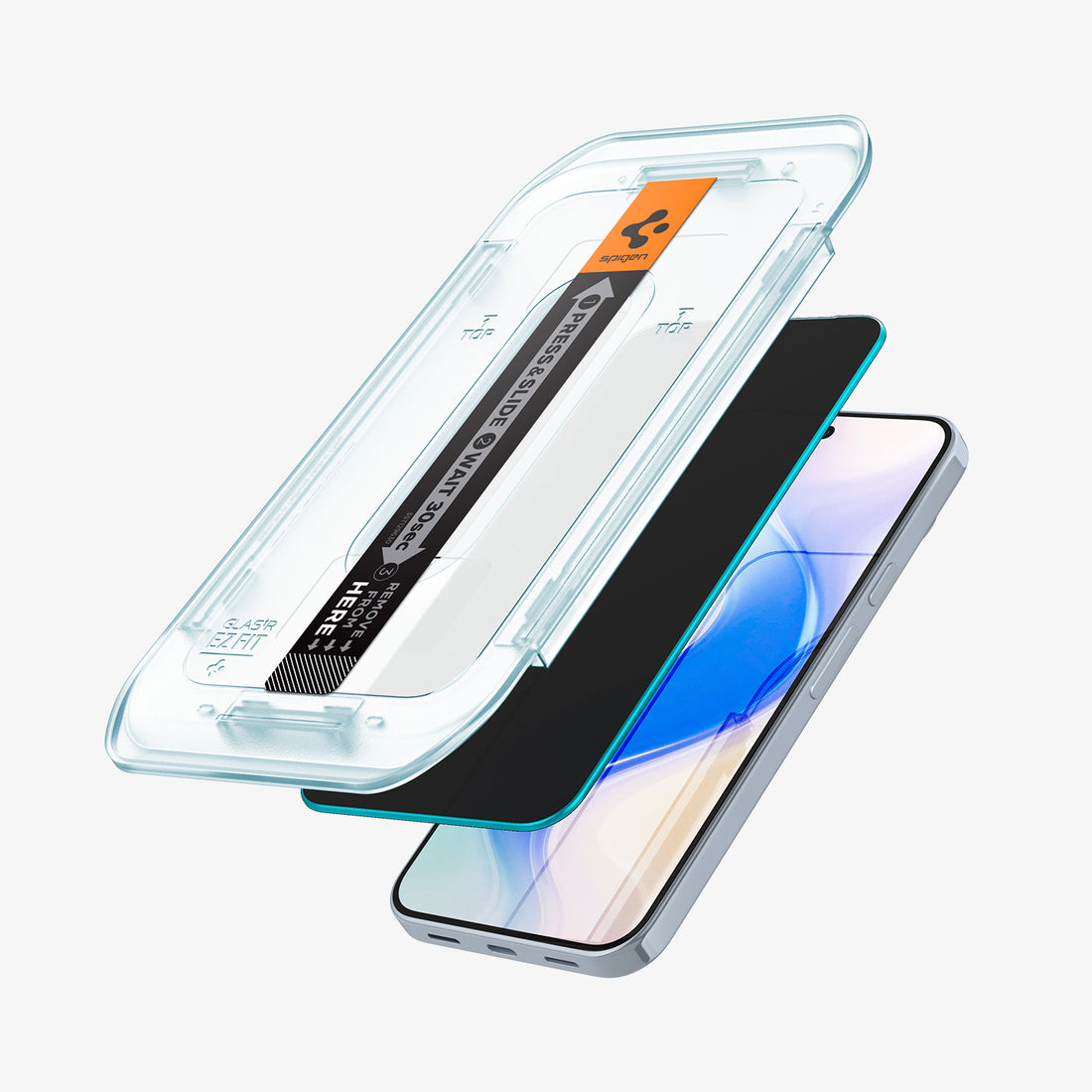 AGL09312 - Pixel 10 / Pixel 10 Pro GLAS.tR EZ Fit Privacy Screen Protector showing the screen protector and ez fit tray hovering in front of the device