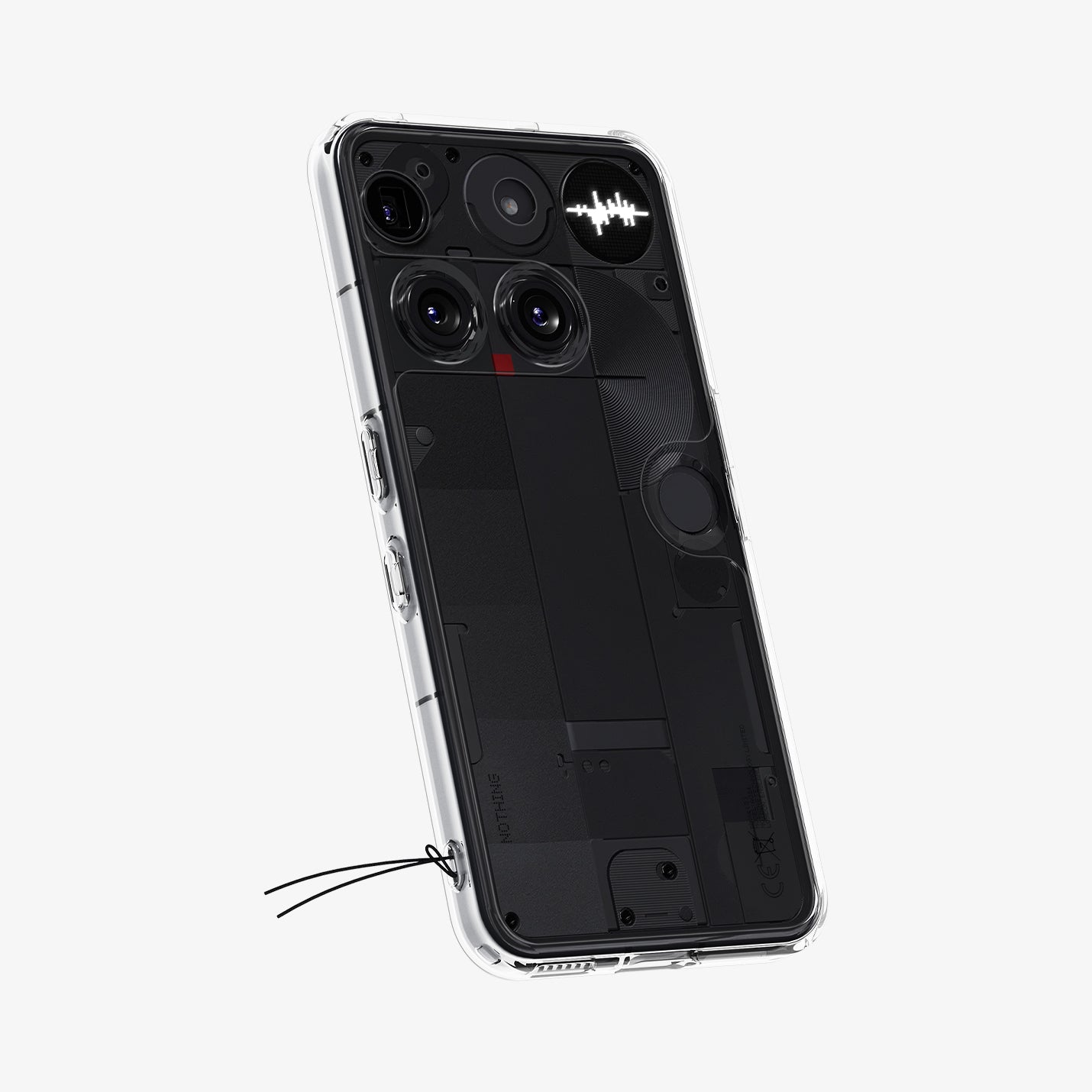 ACS08567 - Nothing Phone (3) Case Ultra Hybrid in Crystal Clear showing the back and partial side with keychain strap attached