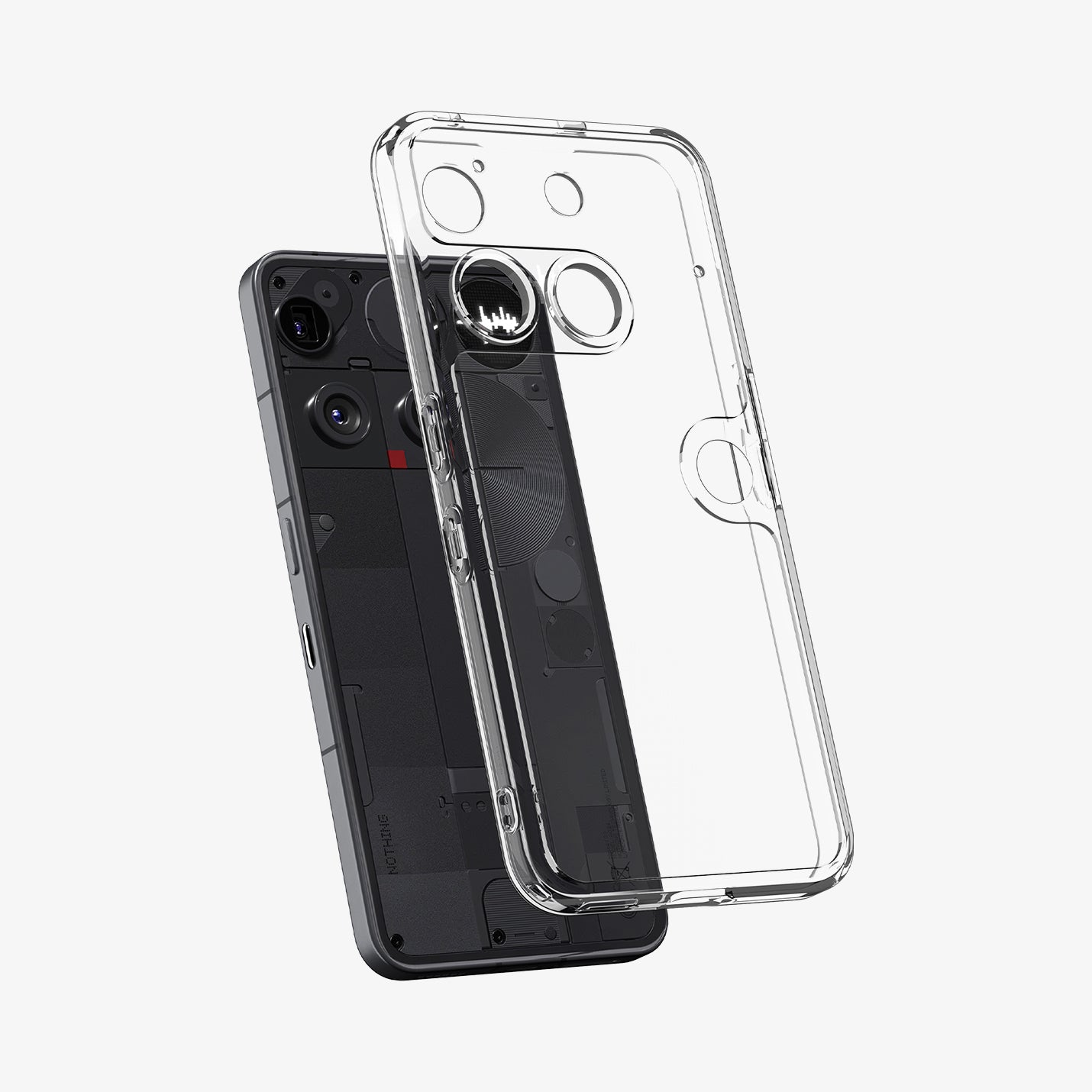 ACS08567 - Nothing Phone (3) Case Ultra Hybrid in Crystal Clear showing the back and partial side, hovering in front of the device