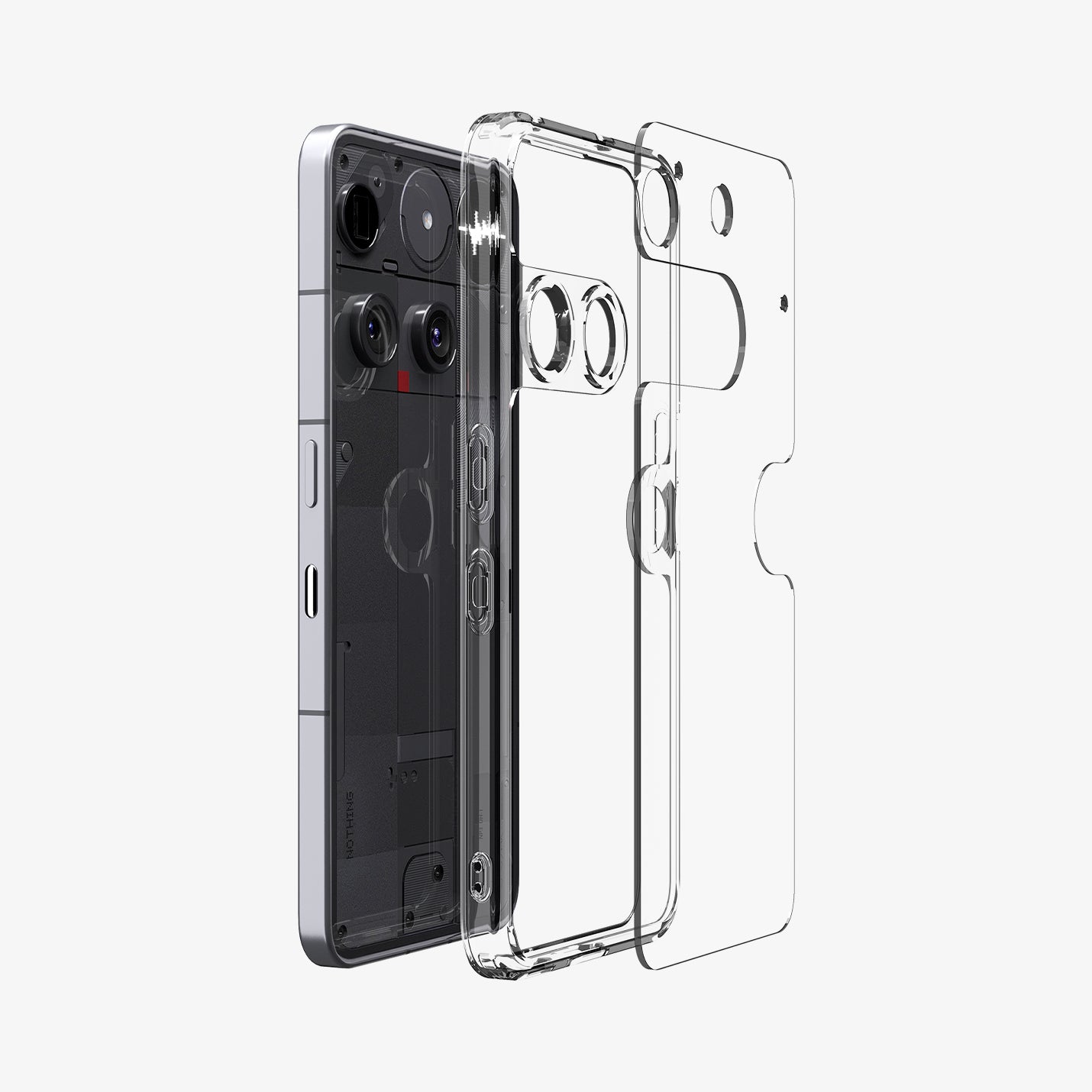 ACS08567 - Nothing Phone (3) Case Ultra Hybrid in Crystal Clear showing the detached backing of the case from the frame hovering in front of the device