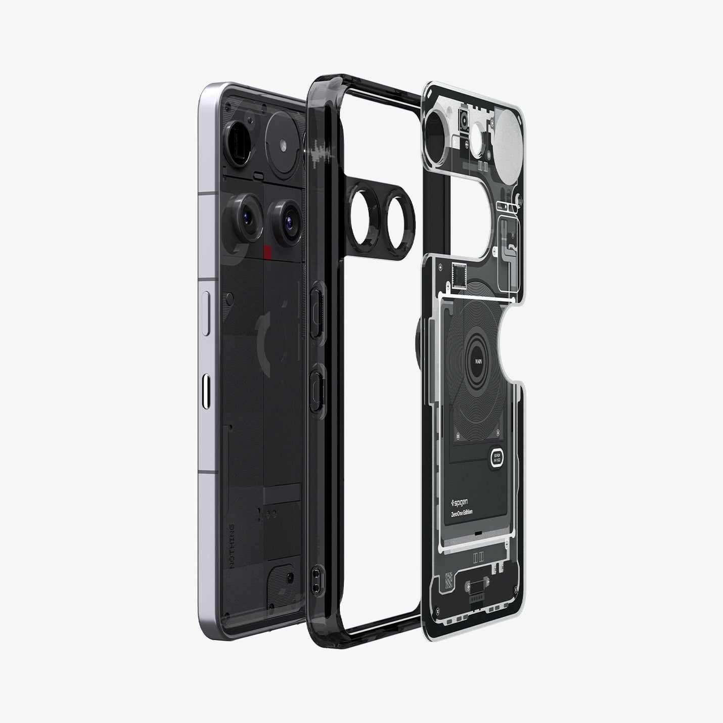 ACS08568 - Nothing Phone 3 Ultra Hybrid Zero One showing the backing of the case detached from the frame hovering in front of the device