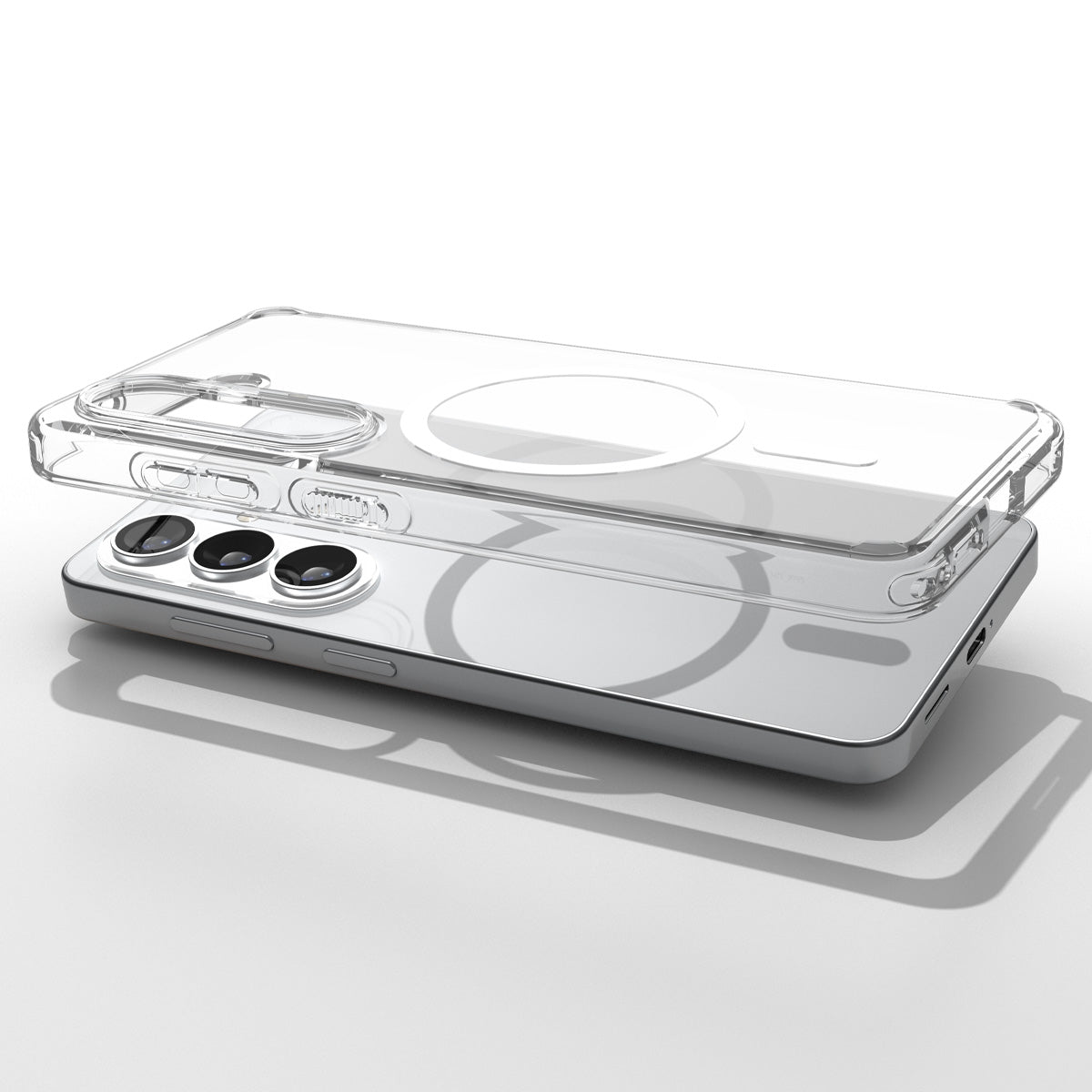 ACS10964 - Galaxy S26 Plus Case Ultra Hybrid (Mag Fit) Crystal Clear showing top view of phone and case showcase on top side by side