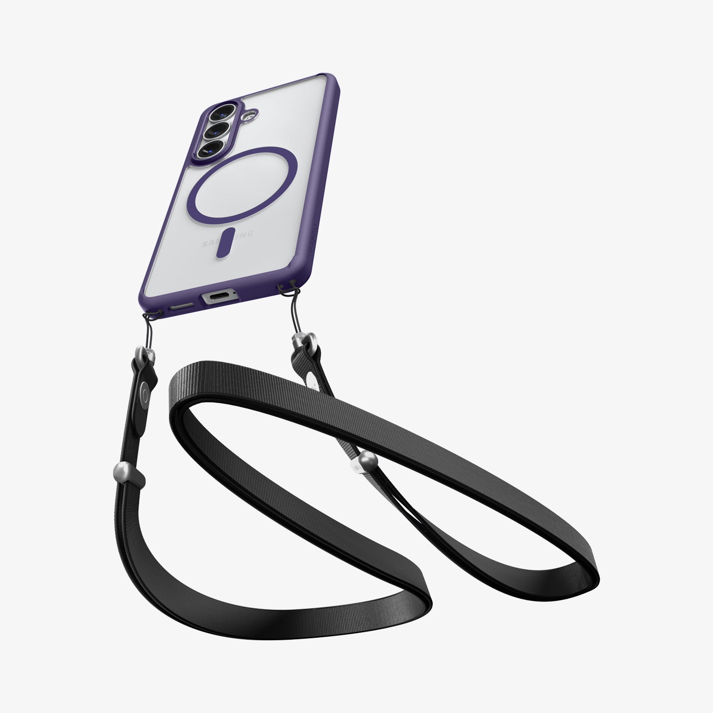 ACS11164 - Galaxy S26 Plus Case Ultra Hybrid (Mag Fit) Deep Purple showing device and case with double strap on bottom