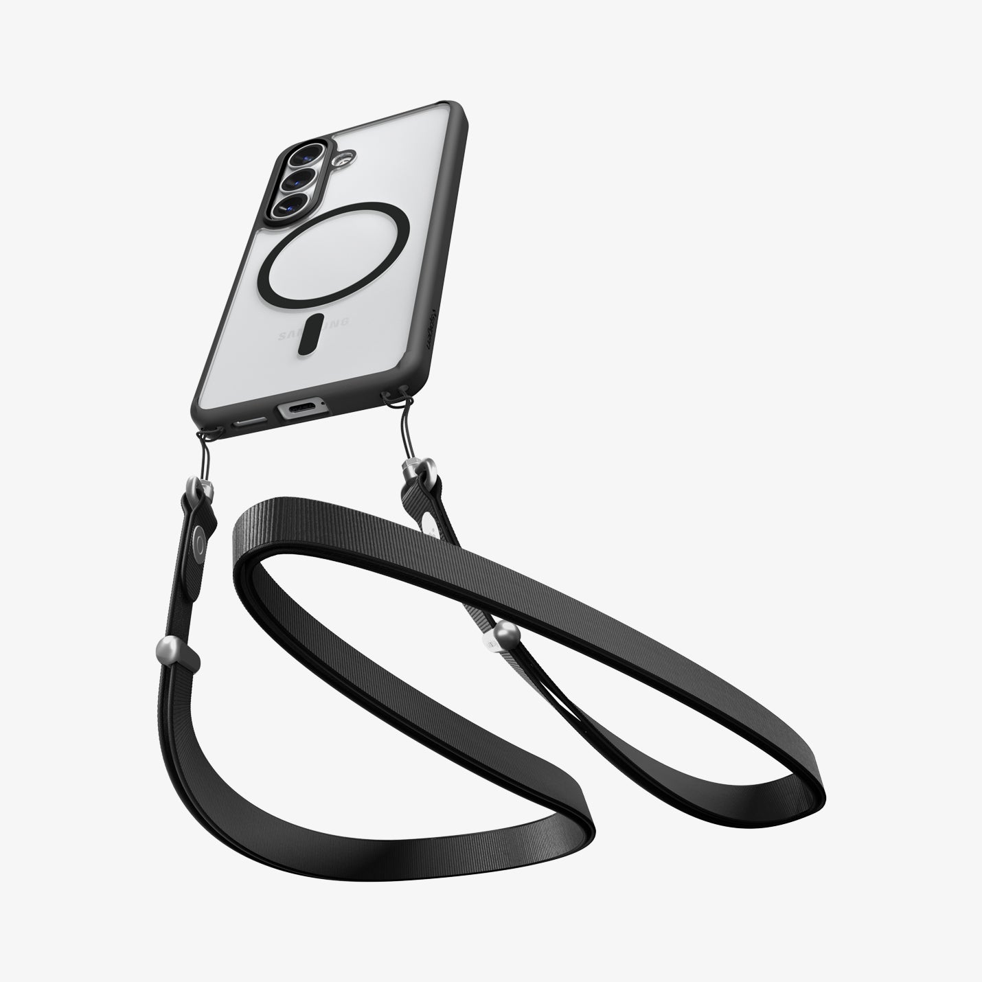 ACS10970 - Galaxy S26 Case Ultra Hybrid (Mag Fit) Matte Black showing device and case with double strap on bottom