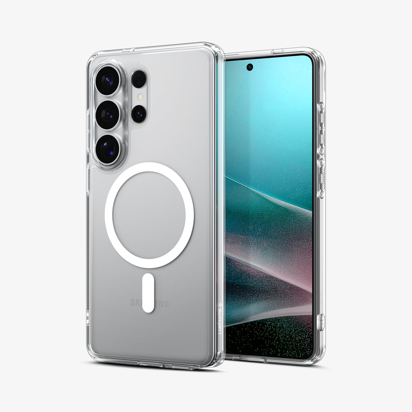 Spigen S26 Ultra Case Ultra Hybrid (Mag Fit) ACS10958 - Galaxy S26 Ultra Case Ultra Hybrid (Mag Fit) Crystal Clear showing the back with the device, partial back case only, partial front and sides