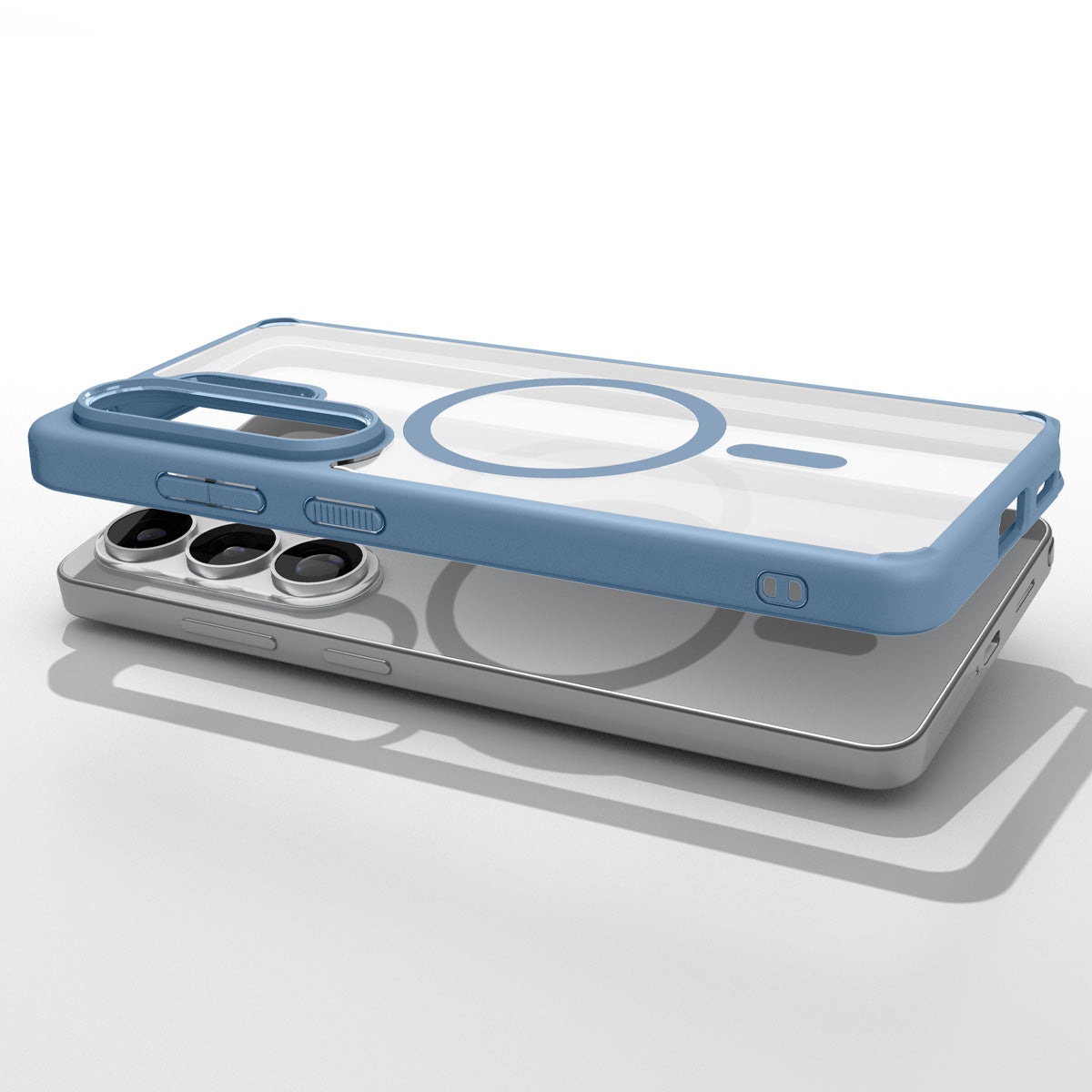 ACS11160 - Galaxy S26 Ultra Case Ultra Hybrid (Mag Fit) Light Blue showing top view of phone and case showcase on top side by side