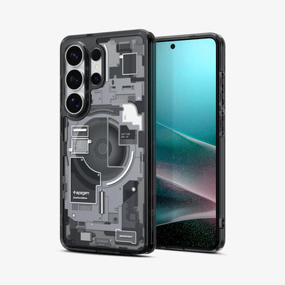 ACS10961 - Galaxy S26 Ultra Case Ultra Hybrid Zero One (Mag Fit) Black showing the back with the device, partial back case only, partial front and sides