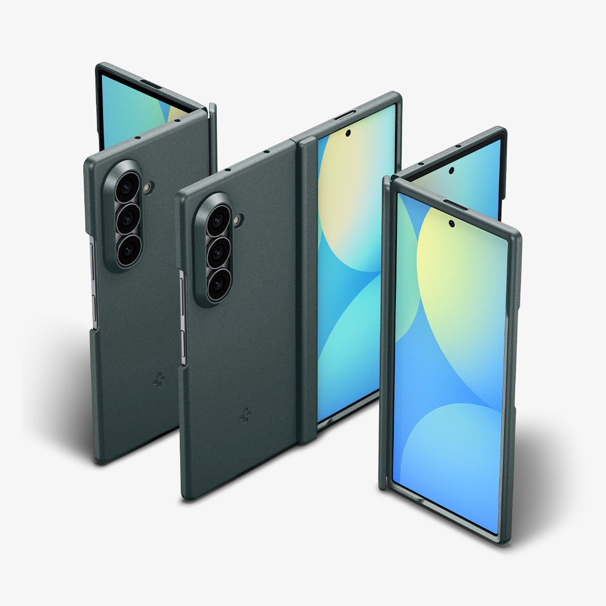 ACS11493 - Galaxy Z Fold 8 Ultra Air Fit Pro (Mag Fit) Abyss Green showing an angled view of the Galaxy Z Fold 8 Ultra with the Air Fit Pro MagFit case, folded open with the screen displaying a blue and yellow gradient.