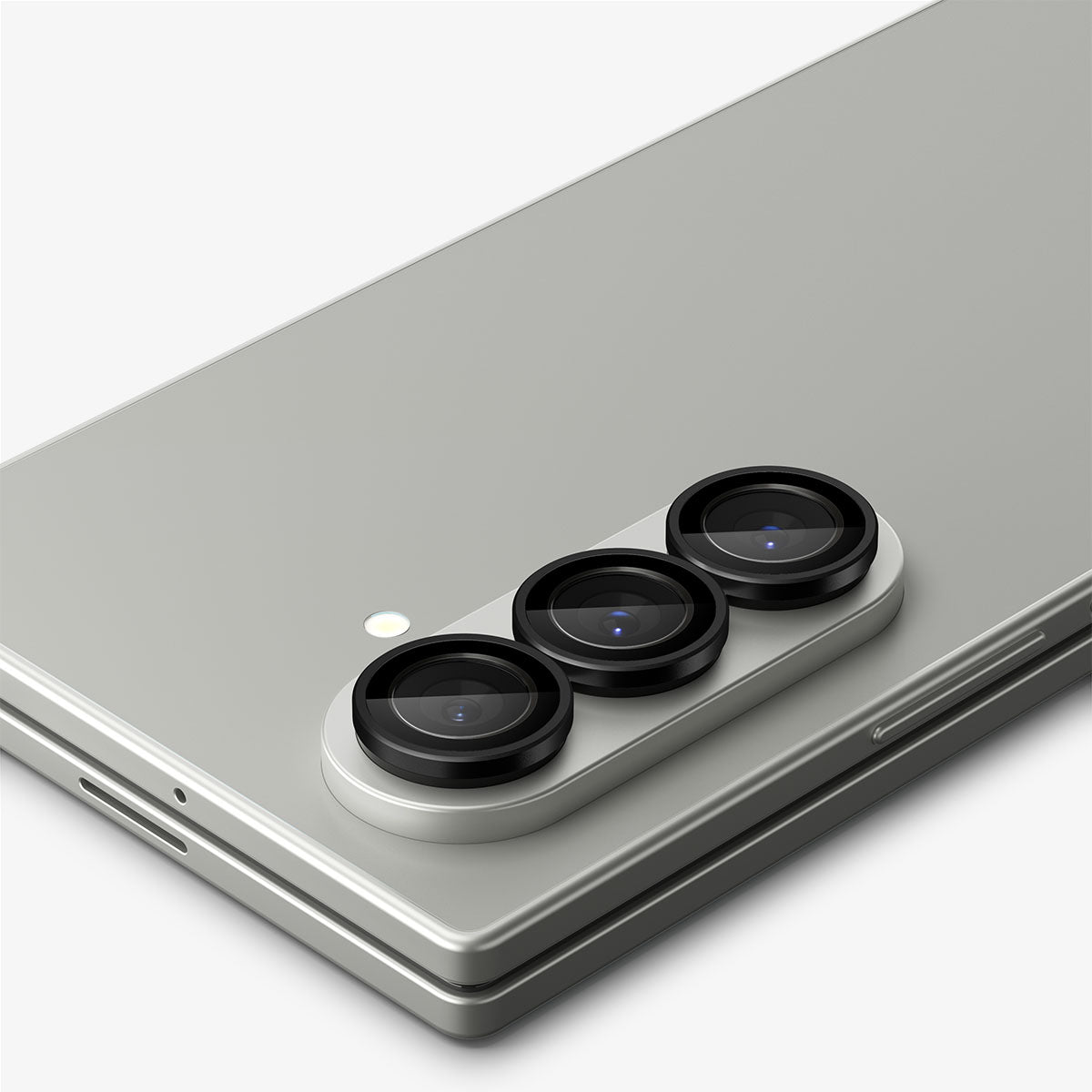 AGL09578 - Galaxy Z Fold 8 Ultra Optik Pro EZ Fit  showing a close-up angled view of the Galaxy Z Fold 8 Ultra's triple camera lenses with the Optik Pro EZ Fit protector installed.