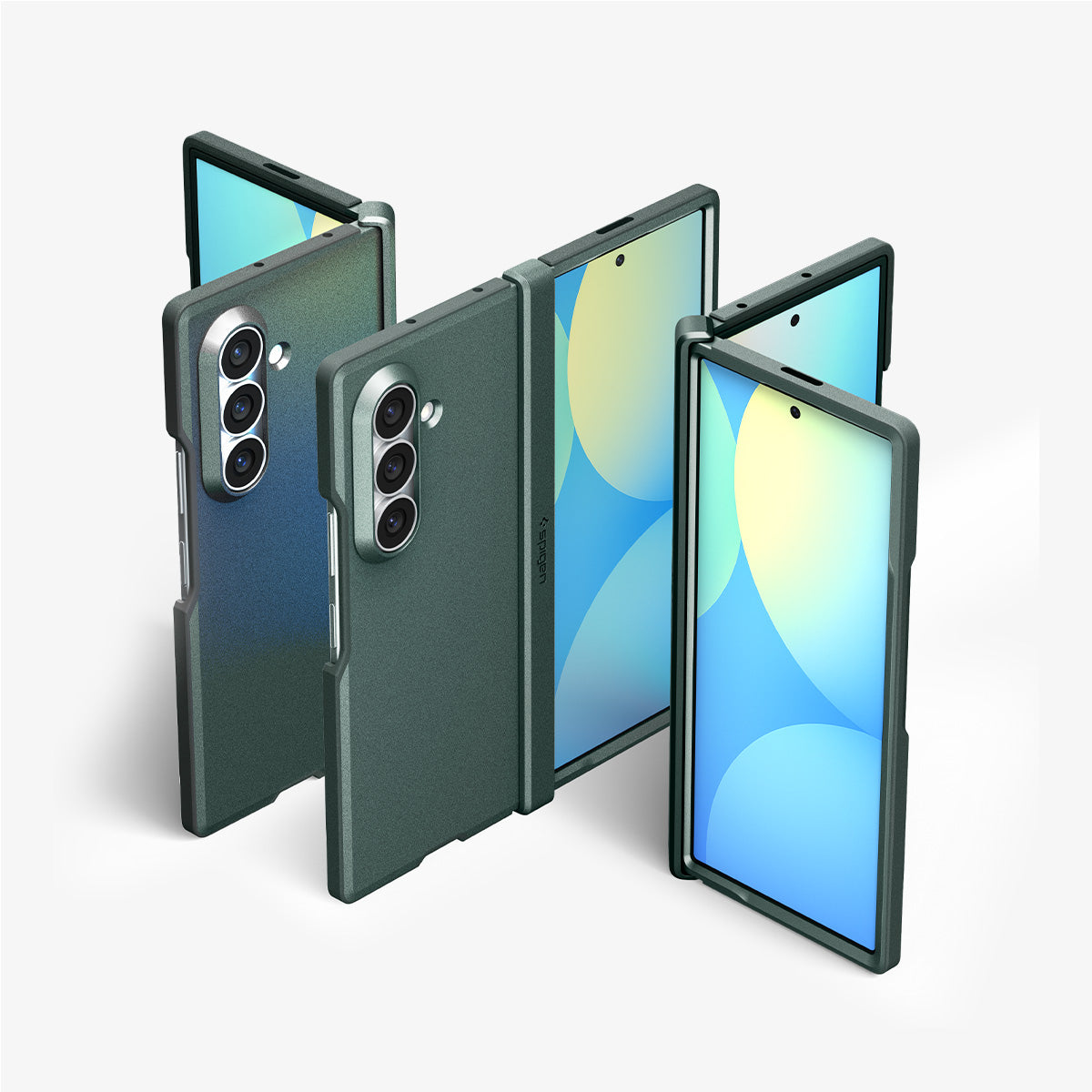 ACS11850 - Galaxy Z Fold 8 Ultra Tough Armor Pro (Mag Fit) Abyss Green showing three Galaxy Z Fold 8 Ultra cases open at different angles, front screens, camera cutouts, and hinge spines