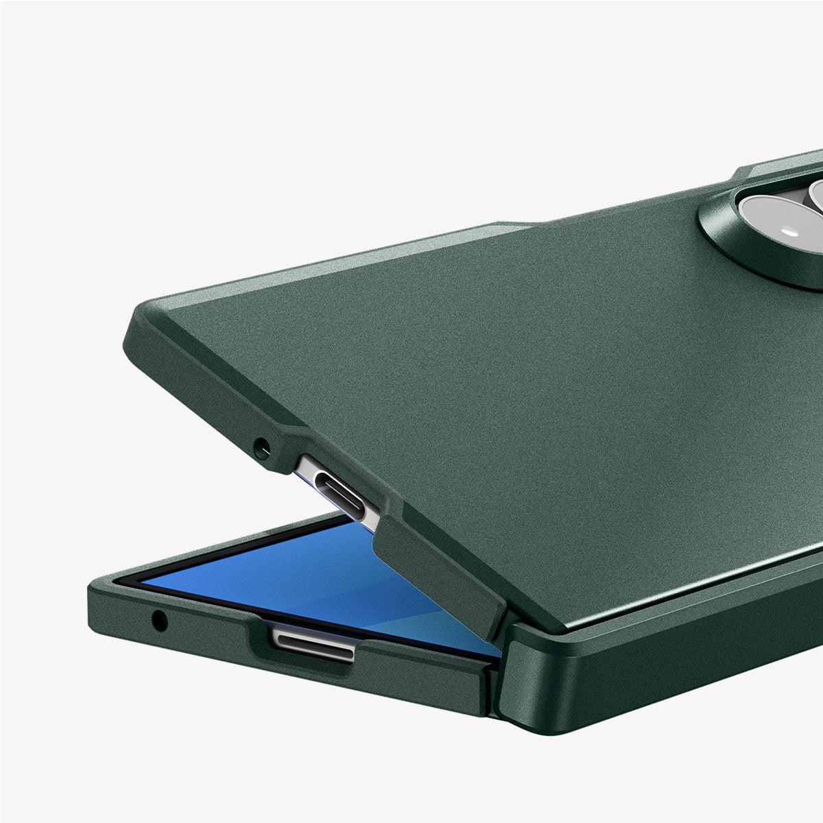 ACS11850 - Galaxy Z Fold 8 Ultra Tough Armor Pro (Mag Fit) Abyss Green showing close-up of Galaxy Z Fold 8 Ultra case hinge opening, screen edge, camera cutout, and port cutout
