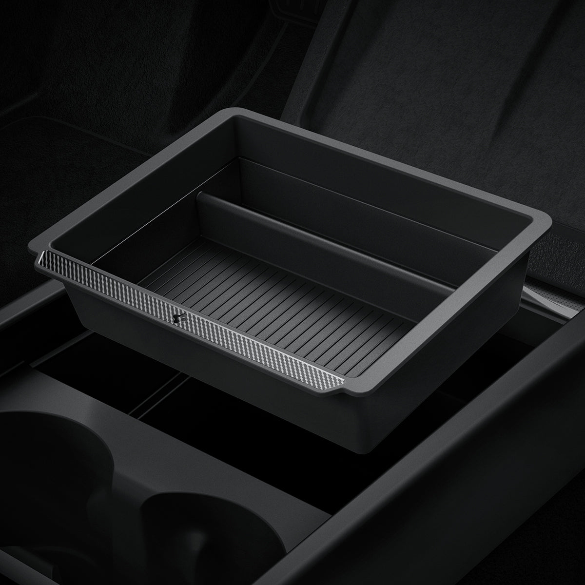 ACP10637 - Tesla Series - Center & Armrest Organizer Bundle showing the organizer being installed in car