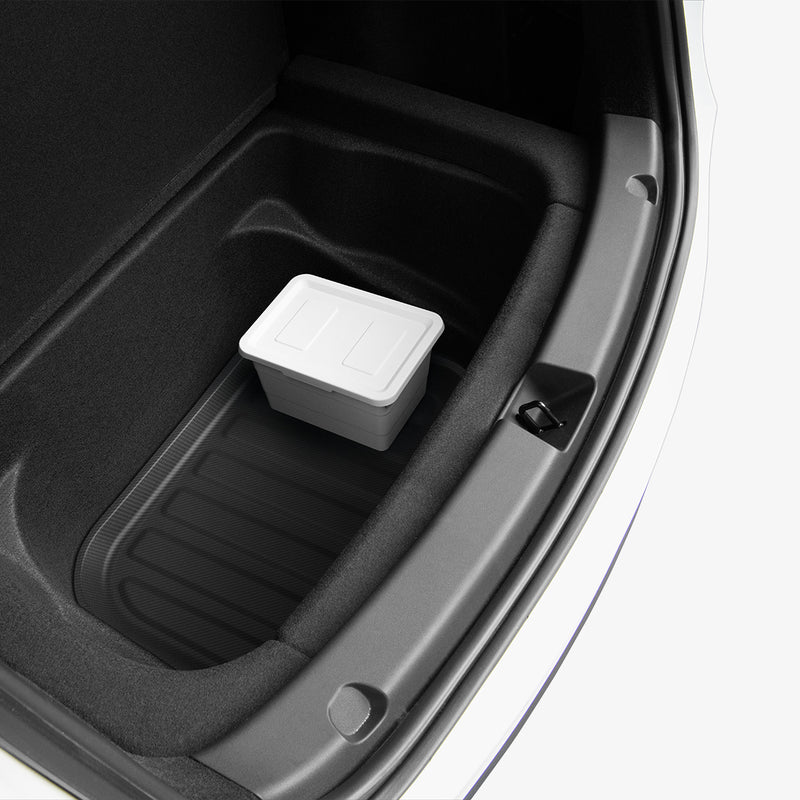 ACP06528 - Tesla Model Y Rear Trunk Storage Mat TL00-Y in Black showing the partial front installed inside a car's trunk with a storage box