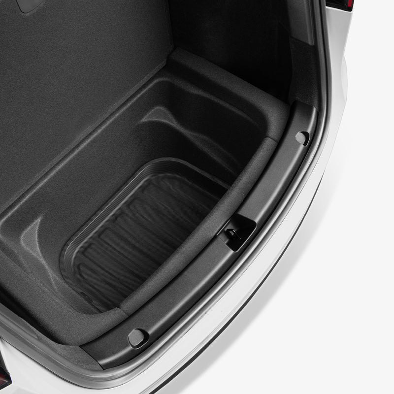 ACP06528 - Tesla Model Y Rear Trunk Storage Mat TL00-Y in Black showing the partial front installed inside a car's trunk
