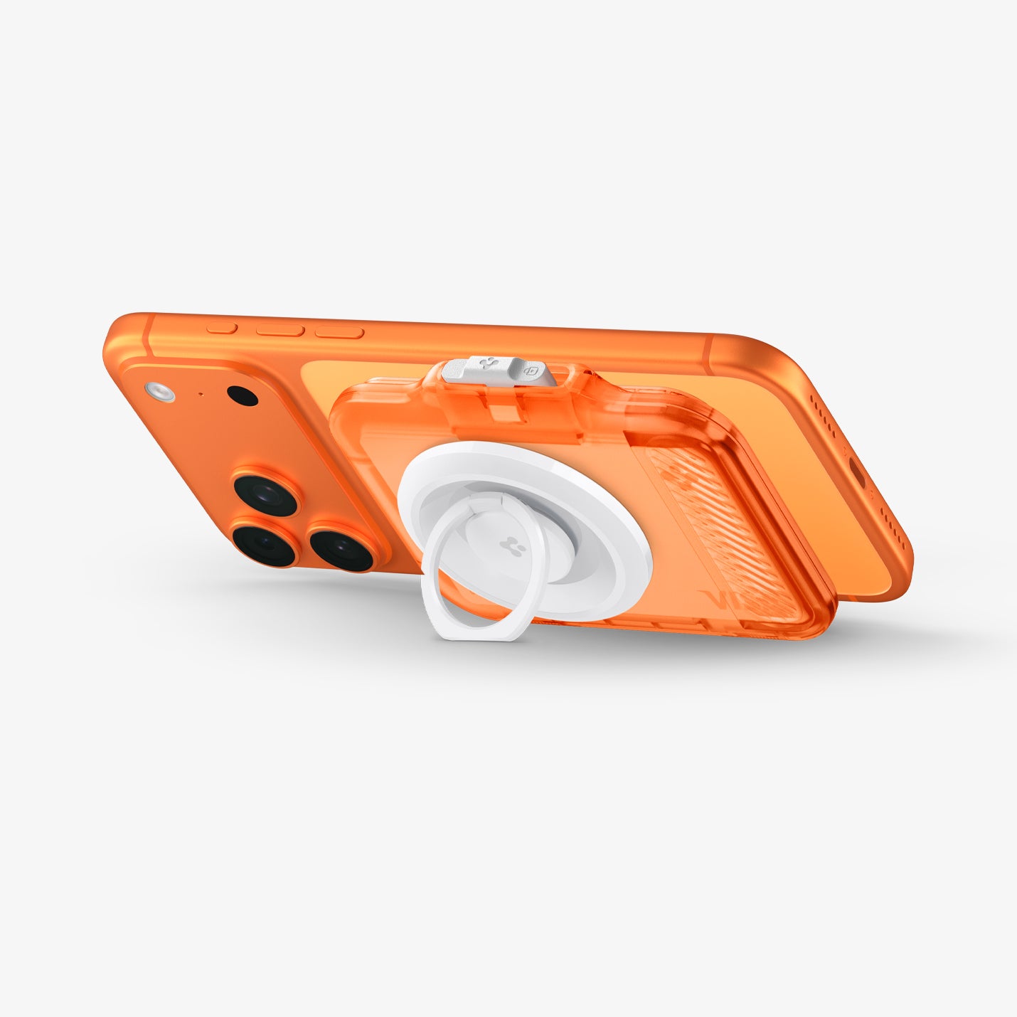 AFA11381 - MagSafe Card Holder Tintap (MagFit) in Frost Clear Orange showing the back, partial side with propped up kickstand from the magring attached from the back of the card holder
