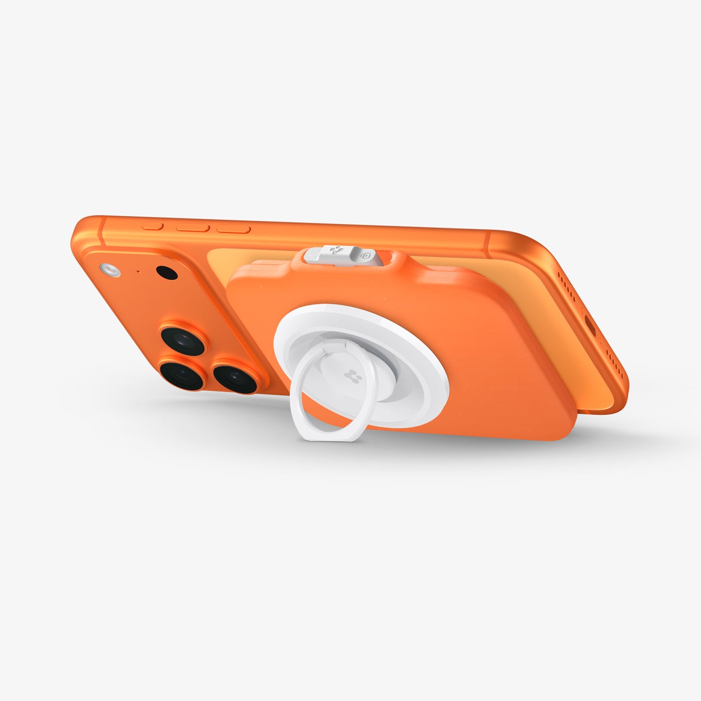AFA11380 - MagSafe Card Holder Tintap (MagFit) in Orange showing the back, partial side with propped up kickstand from the magring attached from the back of the card holder