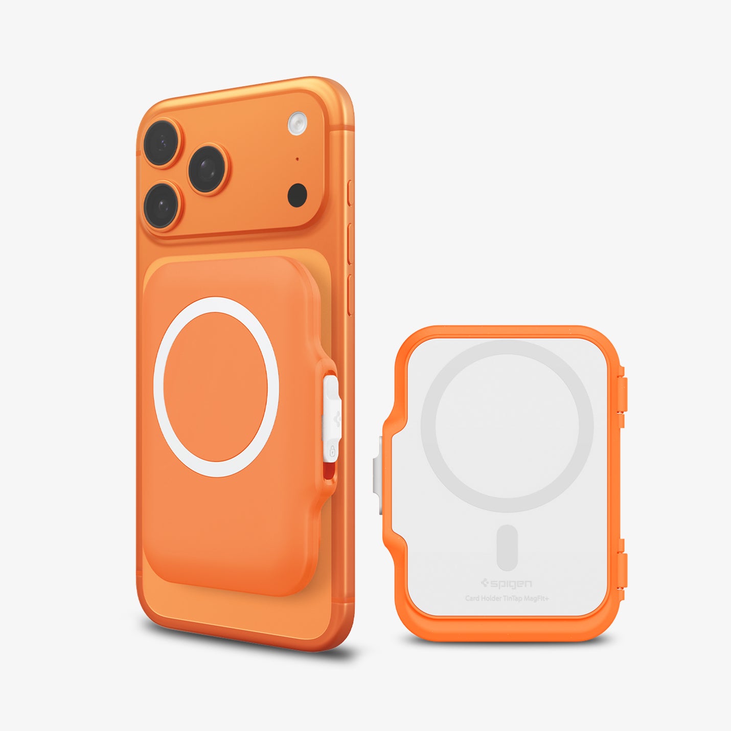 AFA11380 - MagSafe Card Holder Tintap (MagFit) in Orange showing the back, partial side and back