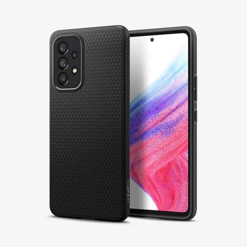 ACS04258 - Galaxy A53 5G Case Liquid Air in Matte Black showing the back next to it is a device showing front