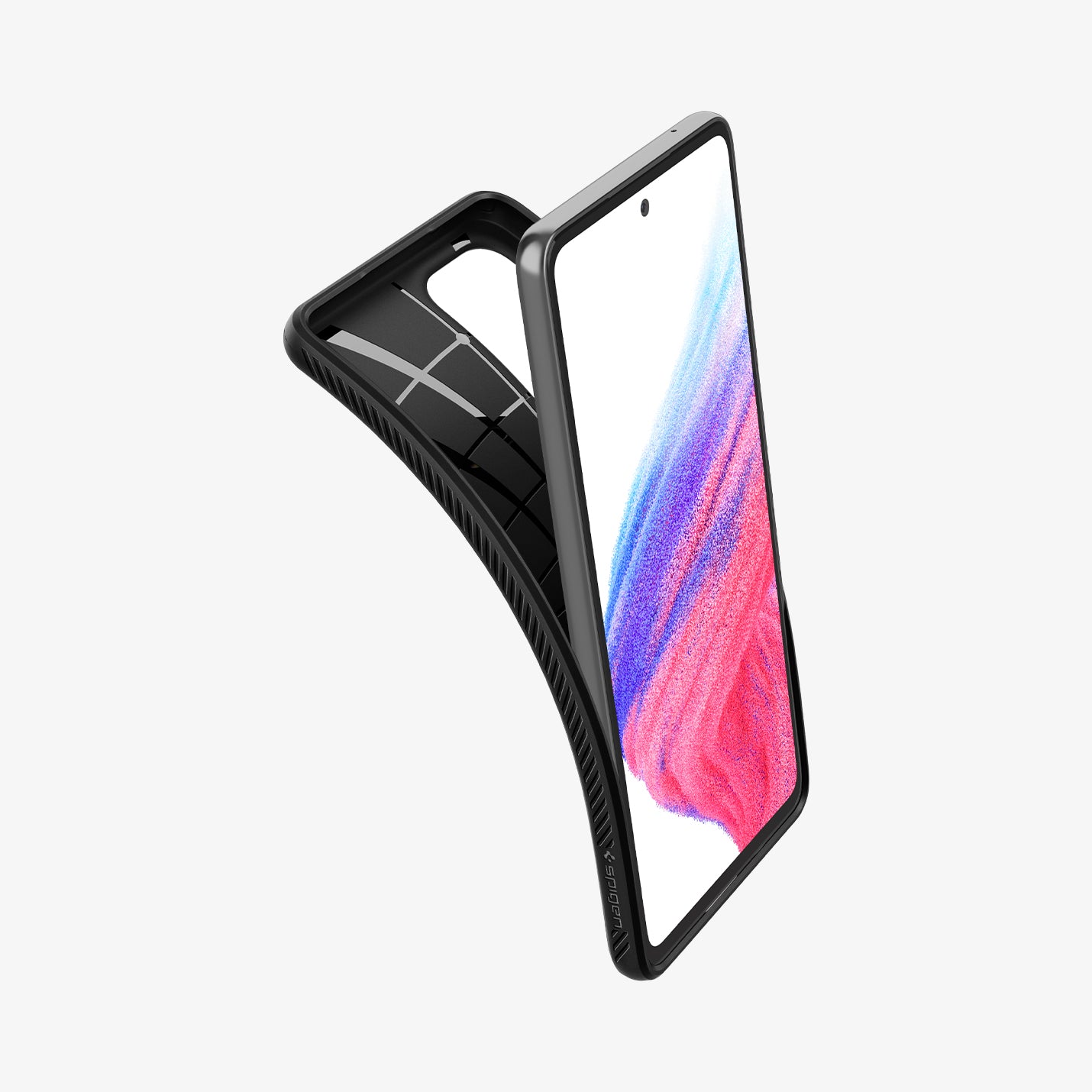 ACS04258 - Galaxy A53 5G Case Liquid Air in Matte Black showing the front of a device with a back case partially peeled off
